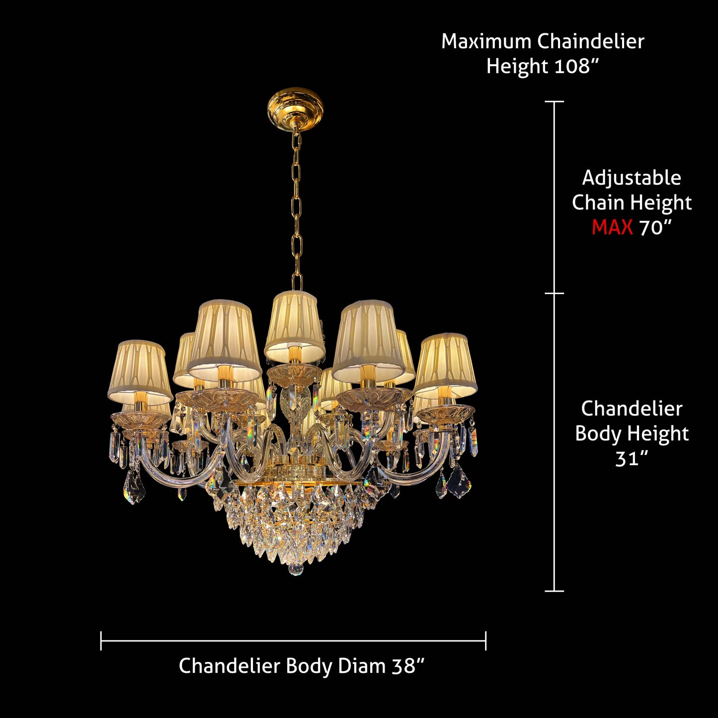 Vintage Crystal Chandelier 38"W Gold Pendant Chandelier