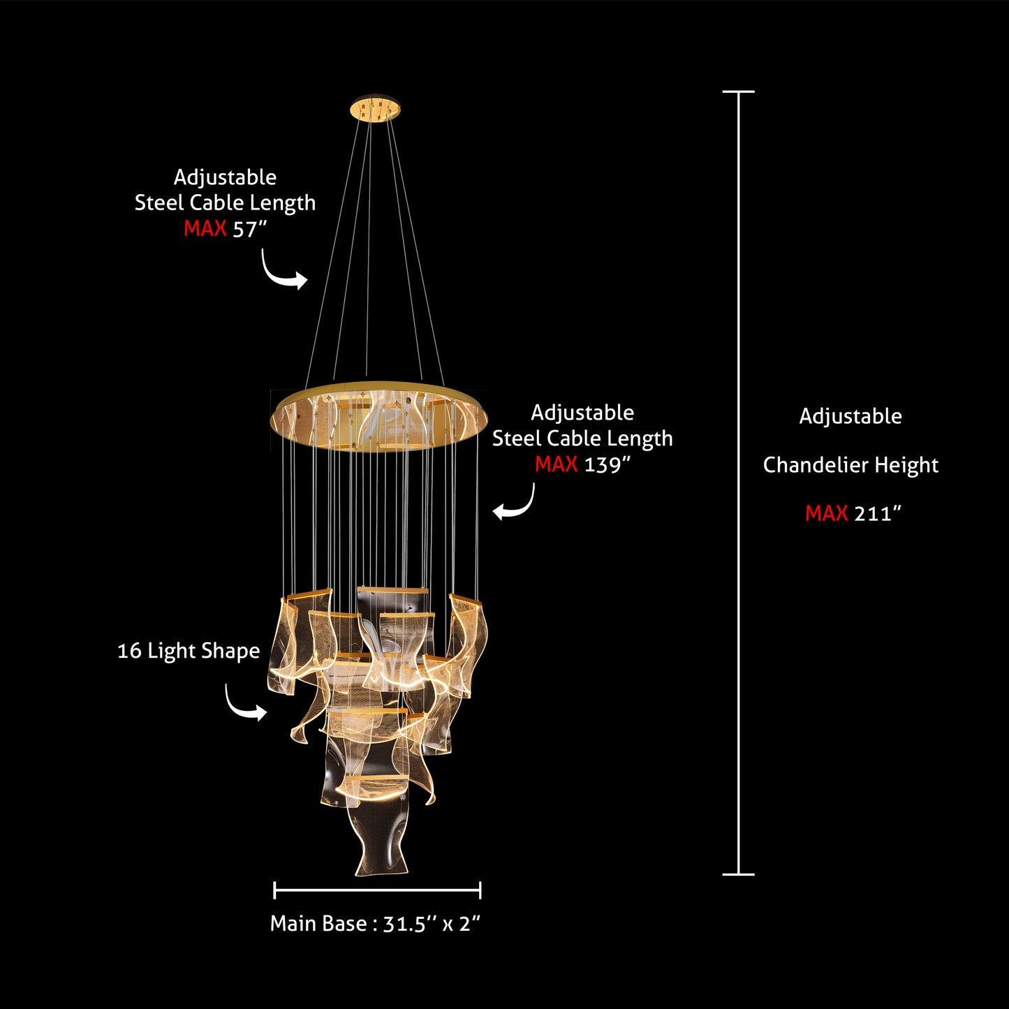 Luxury Acrylic Chandelier 31.5" Wide 16-light Gold LED Multi- Light Pendant