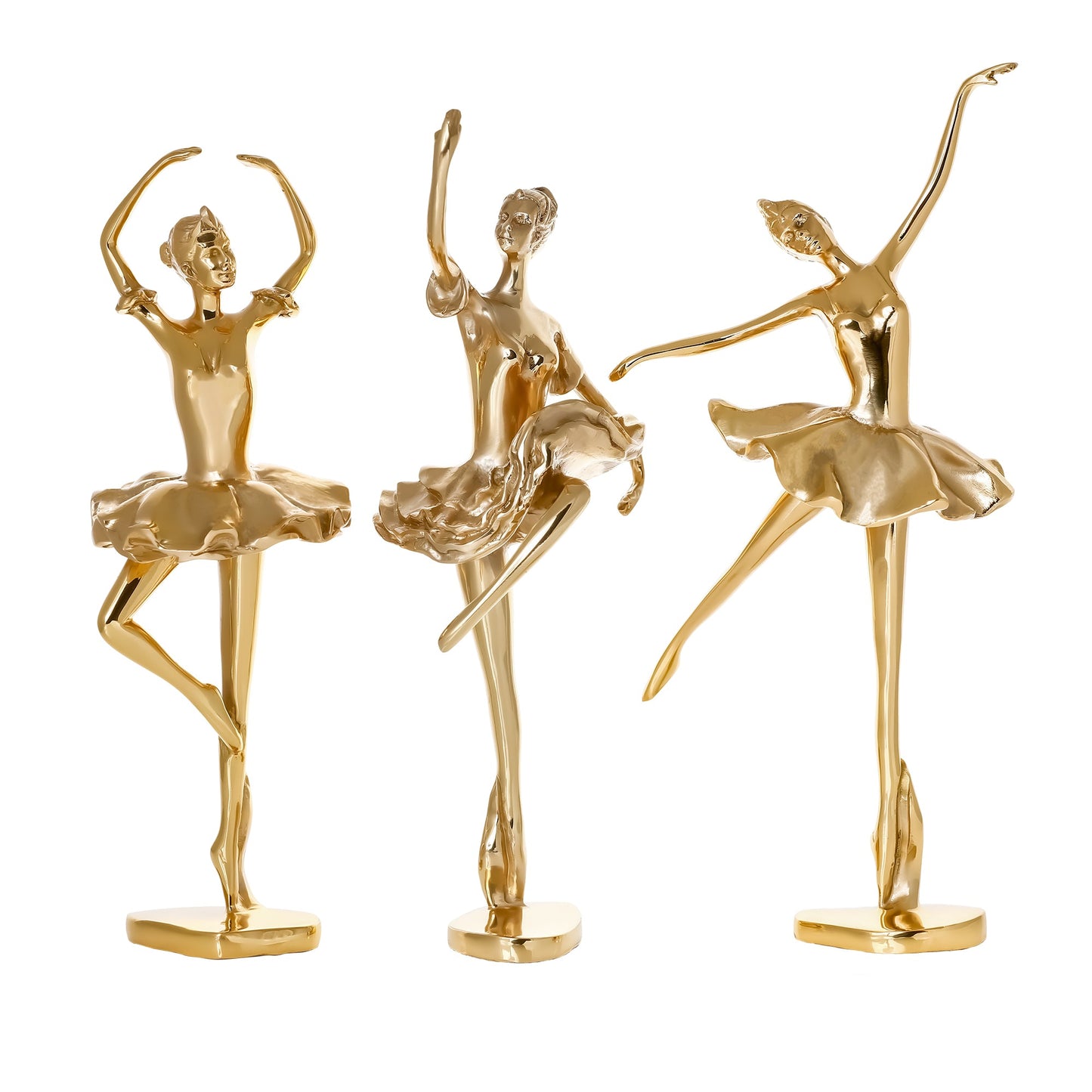 Close-up detail of handcrafted solid brass ballerina sculpture with polished finish