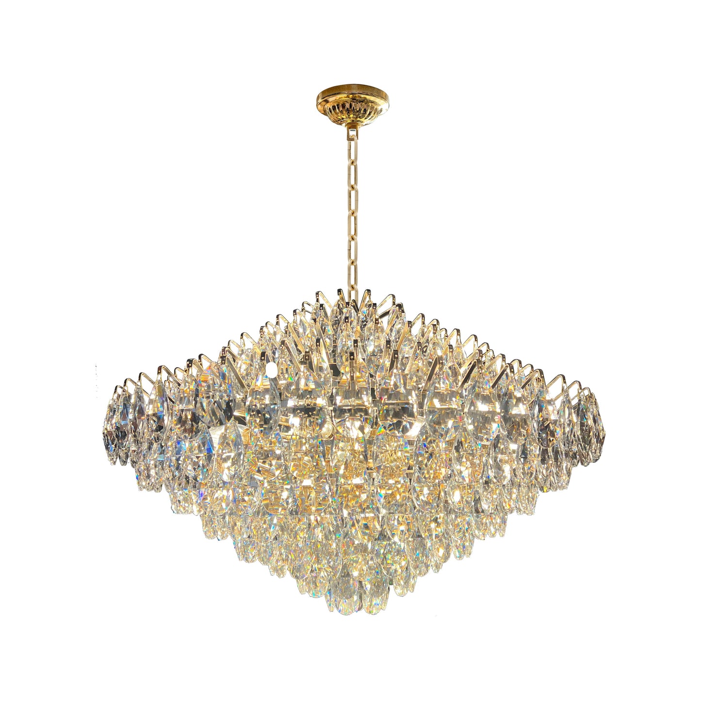 31 inch champagne gold crystal chandelier with teardrop crystals and empire-style design on a white background.