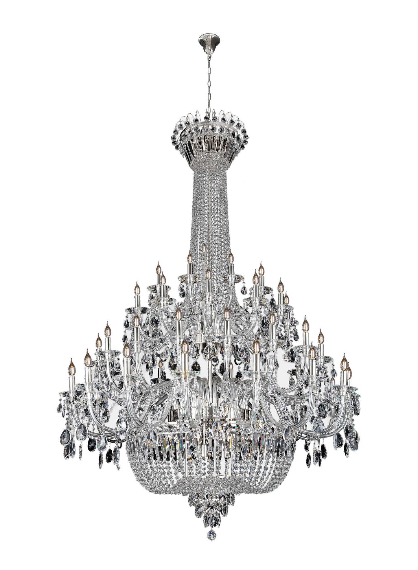 Full view of luxury chrome empire crystal chandelier with tiered crystal arms and elegant symmetry