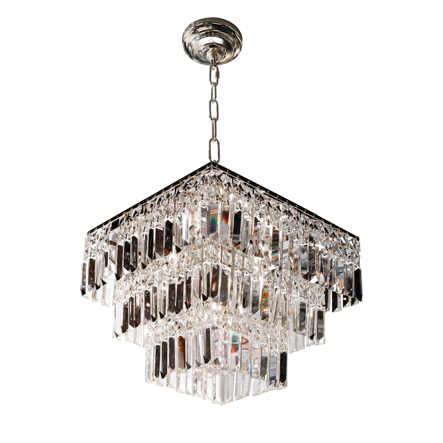 chrome 3 tier crystal chandelier displayed in elegant interior