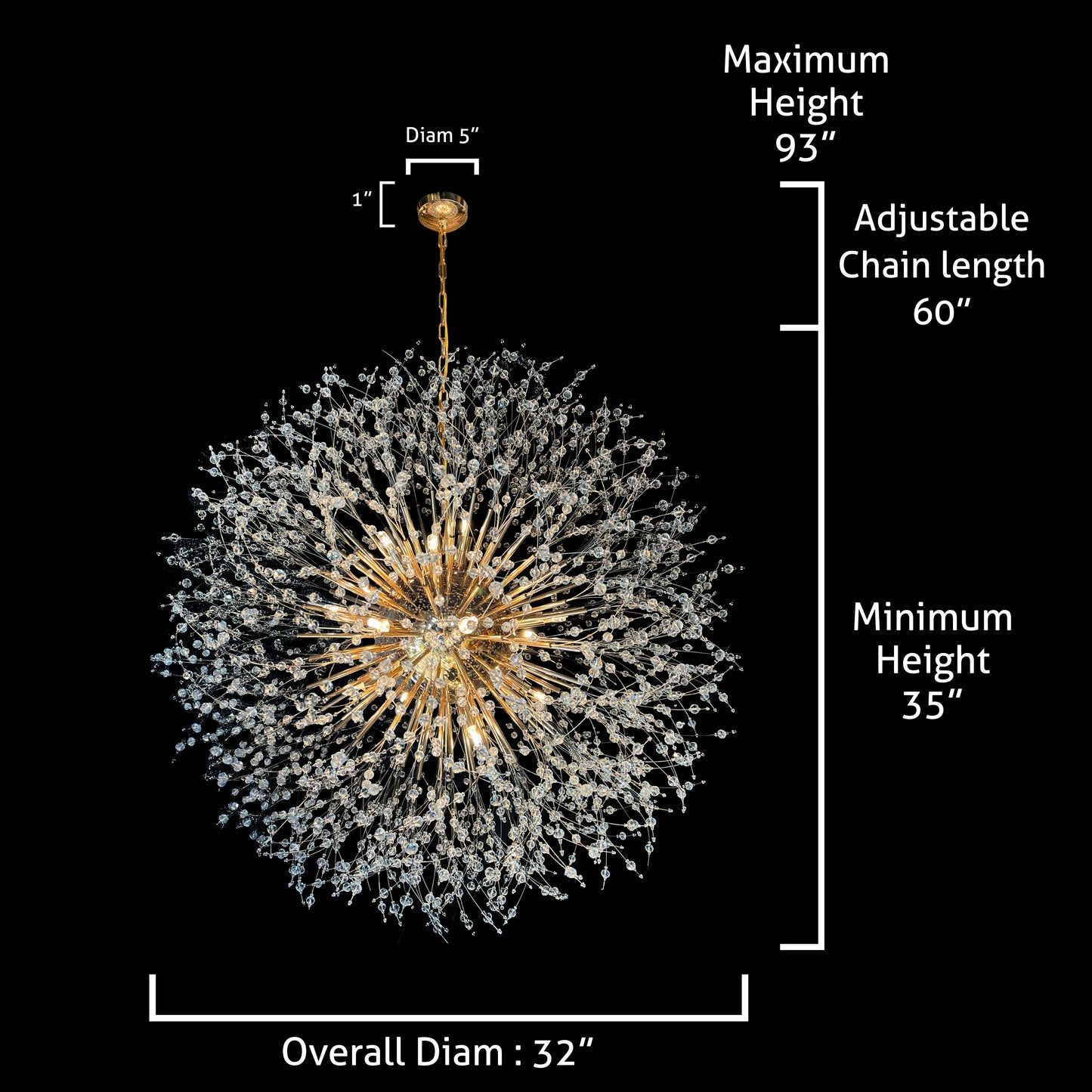 Starburst Gold Chandelier 32" Wide Crystal Lighting Fixture