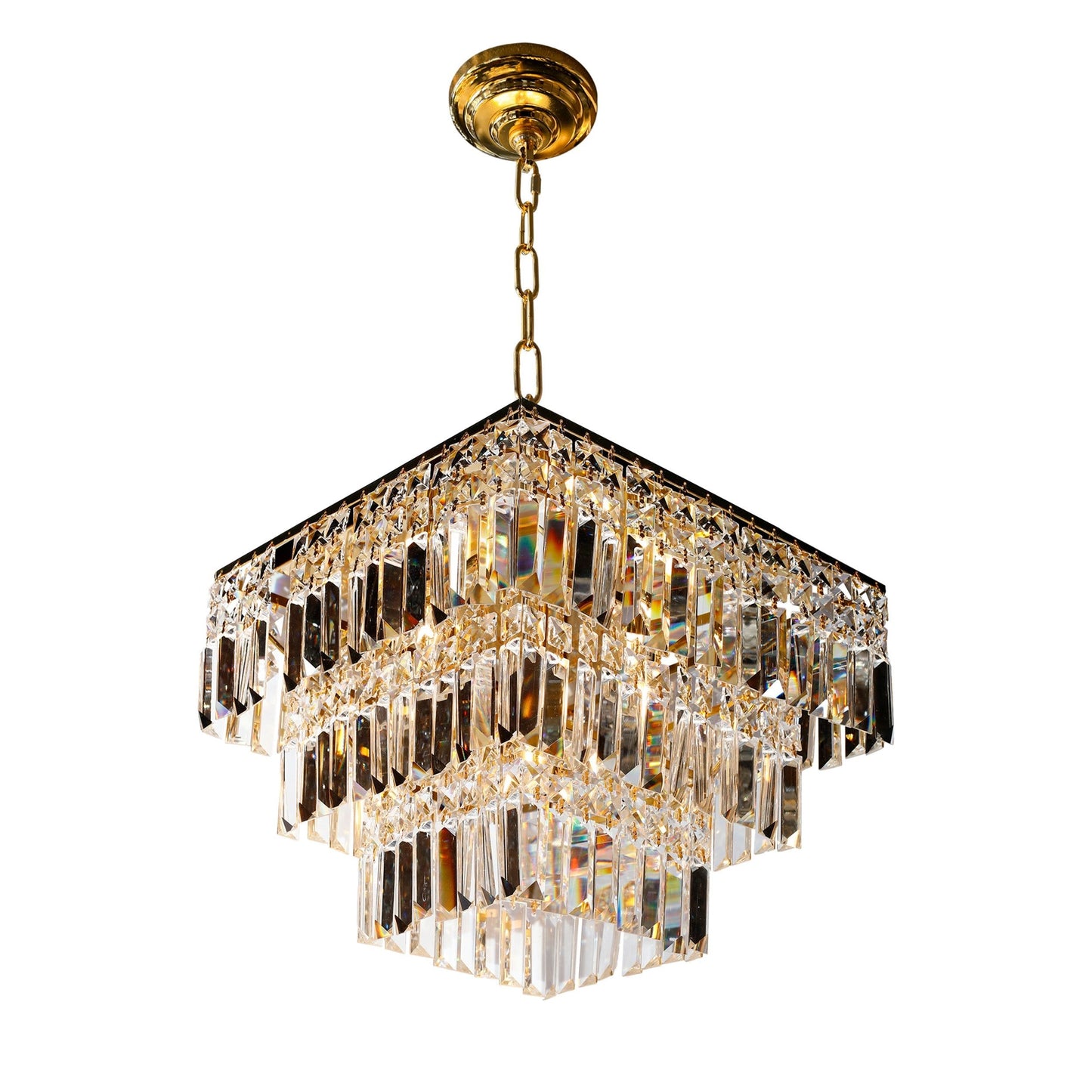 Gold 3 tier crystal chandelier displayed in elegant interior