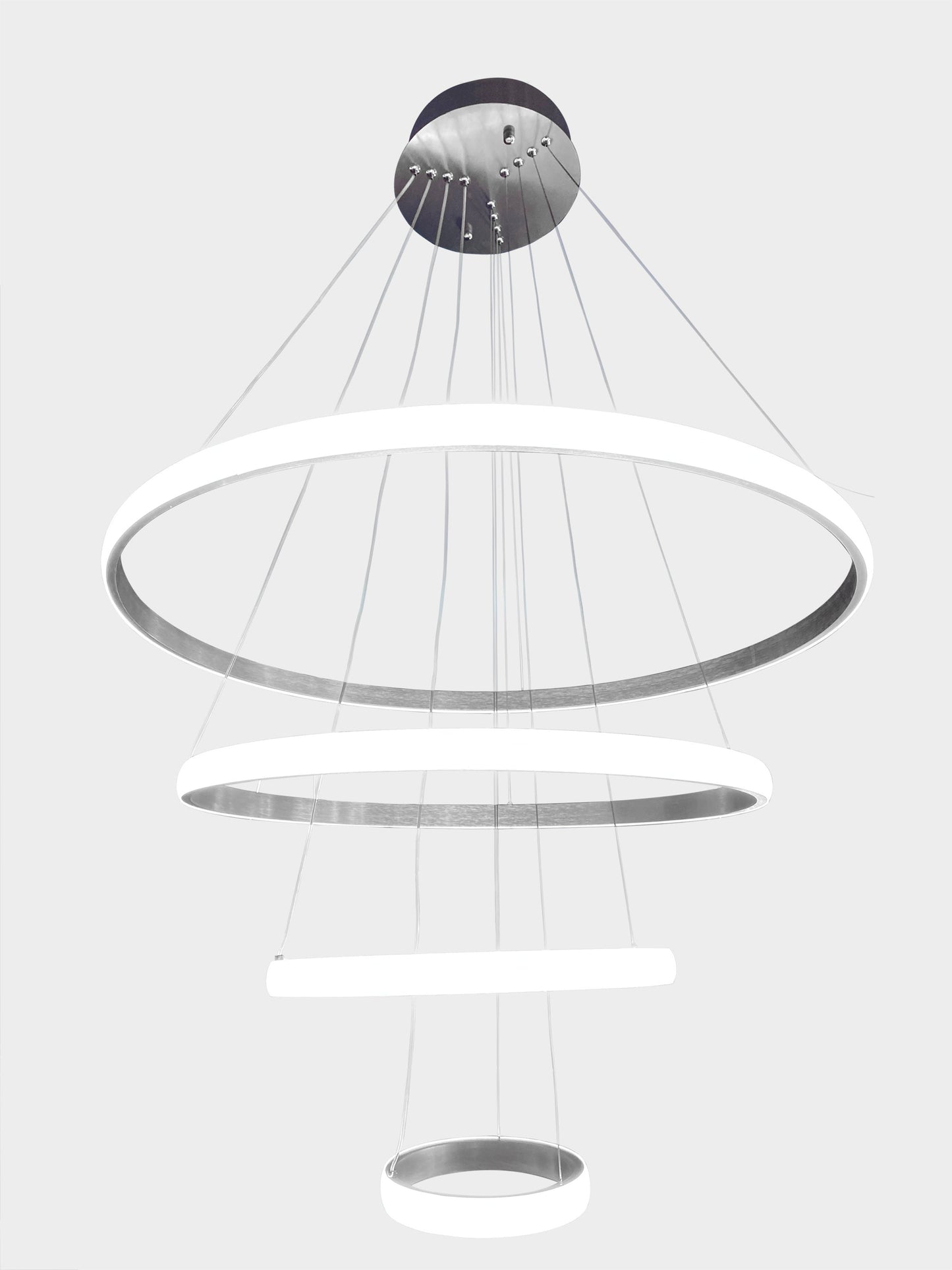 White background render of modern multi-ring LED chandelier