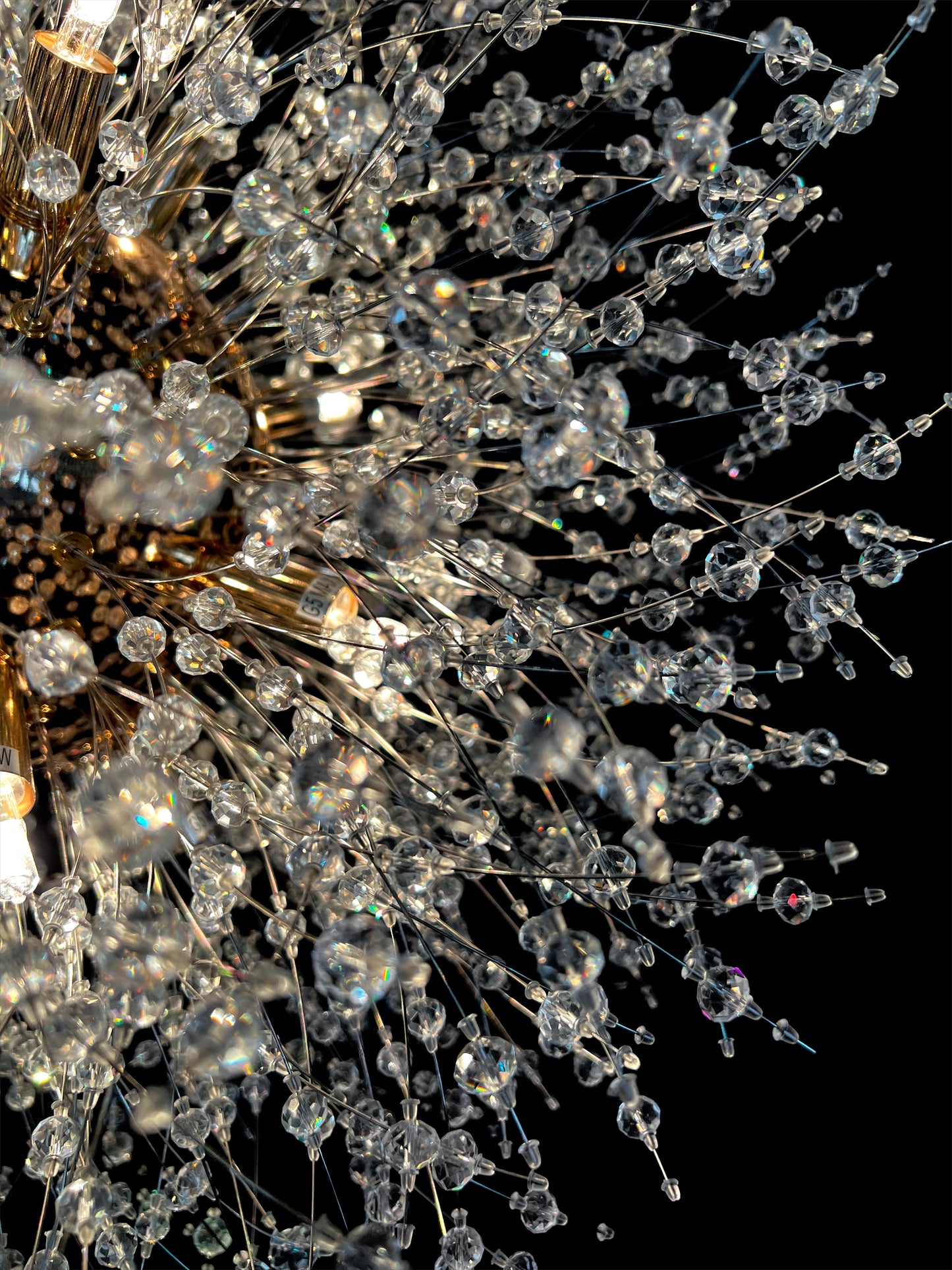 24 inch dimmable gold chandelier close-up showing precision cut crystal branches