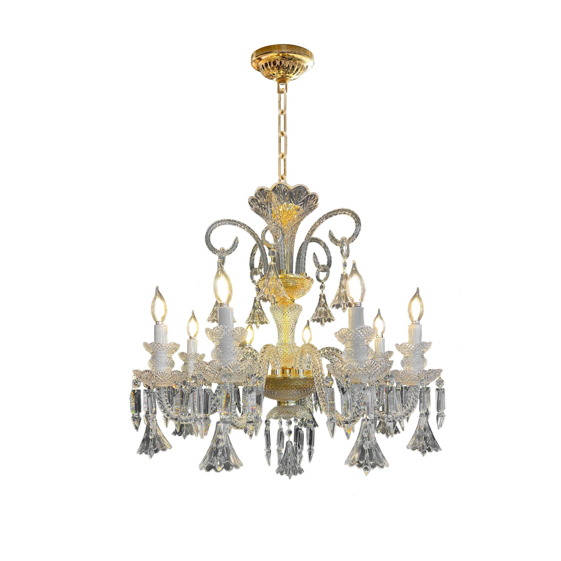 Elegant 29 inch gold and crystal chandelier with 8 lights, featuring clear glass arms and classic baroque design on a white background.