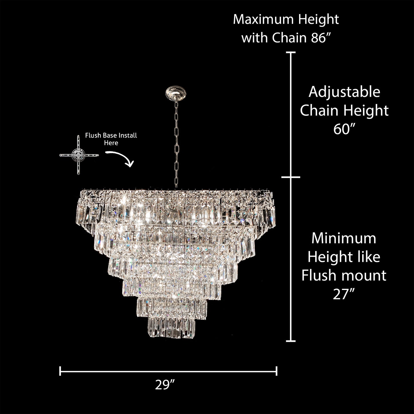 Detailed size diagram showing height and width of 6-tier crystal chandelier
