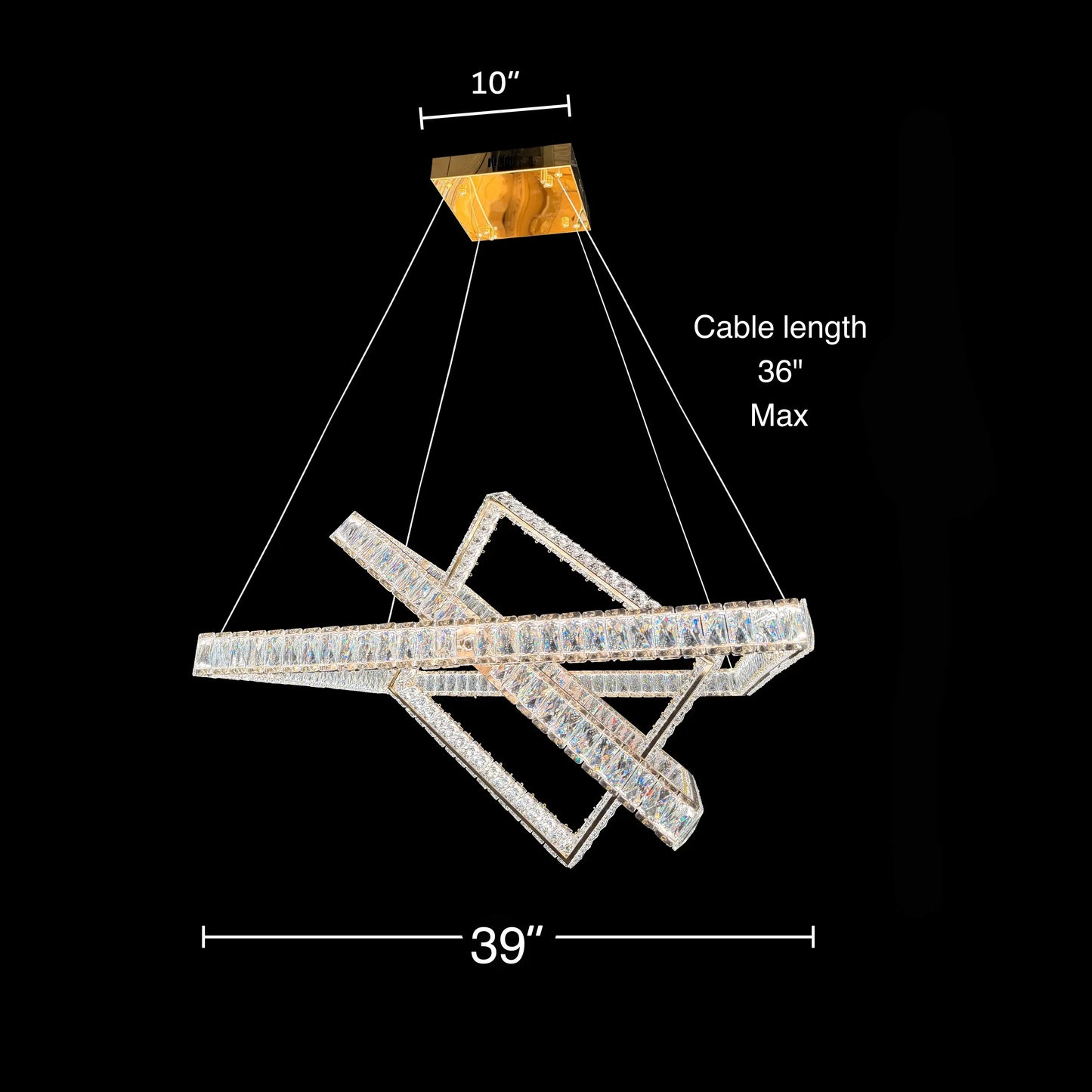 Dimensions diagram of the 3-tier chandelier showing 39-inch, 31-inch, and 23-inch adjustable square tiers.