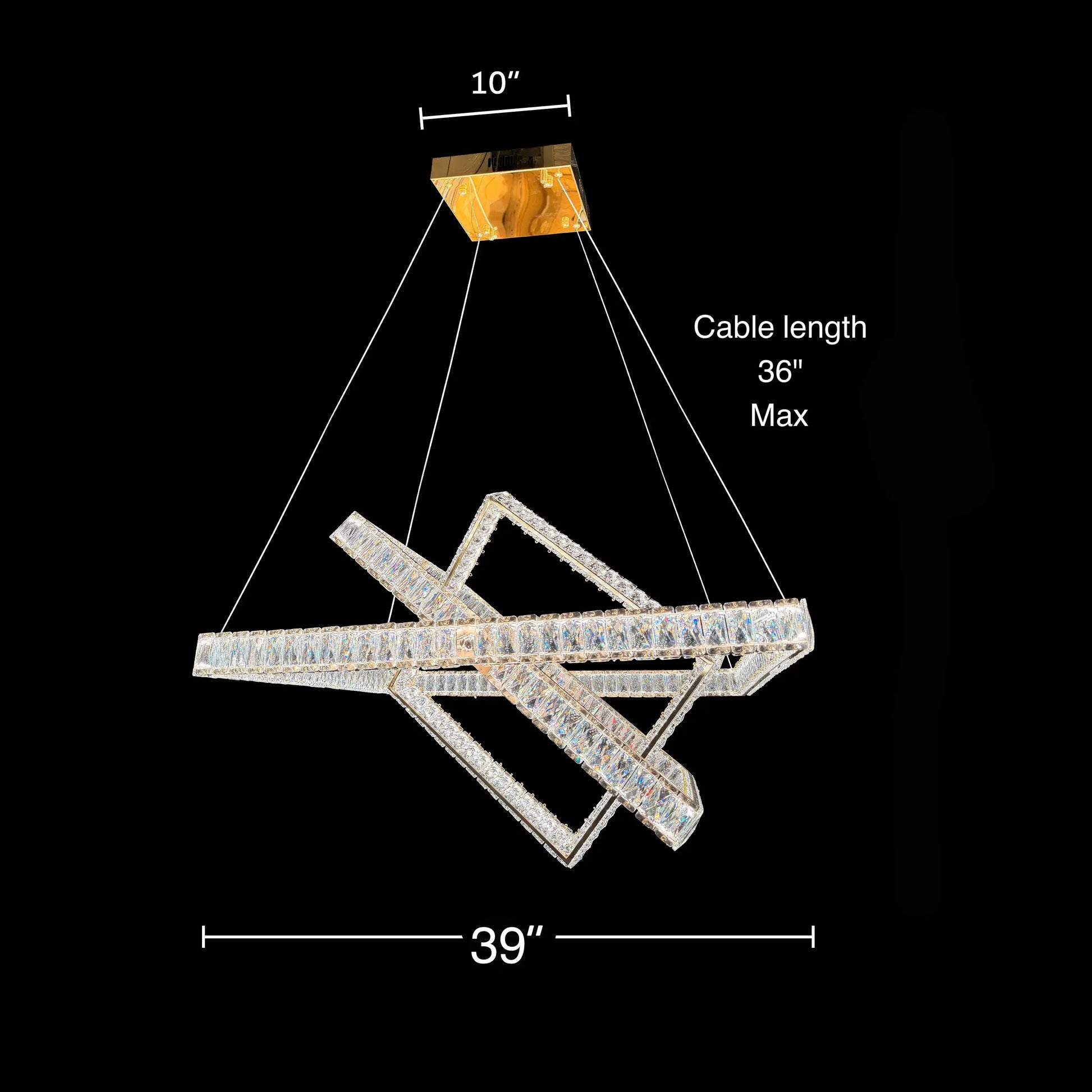 Dimensions diagram of the 3-tier chandelier showing 39-inch, 31-inch, and 23-inch adjustable square tiers.