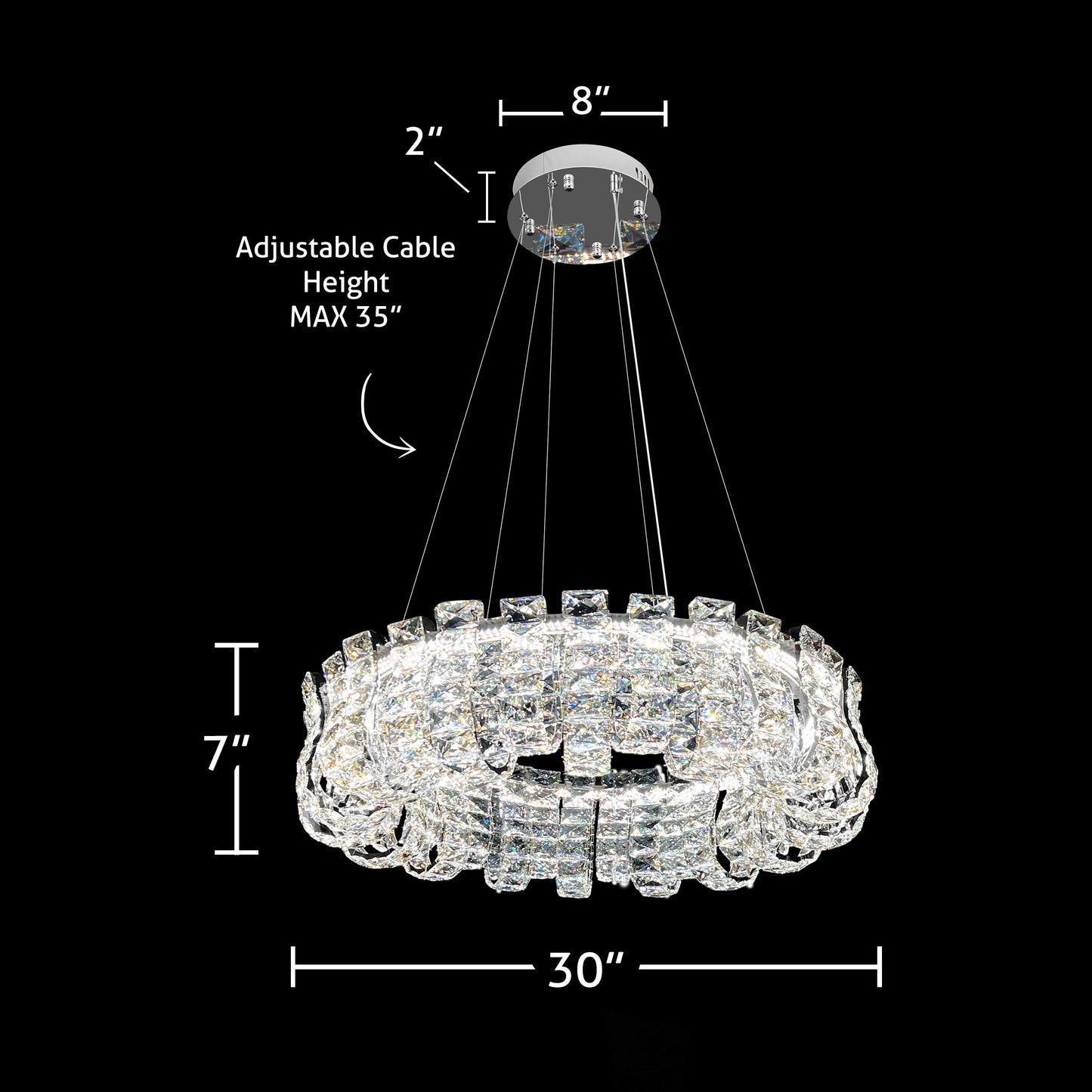 Dimensional diagram of luxury 30 inch silver crystal chandelier with adjustable cable height and detailed measurements.