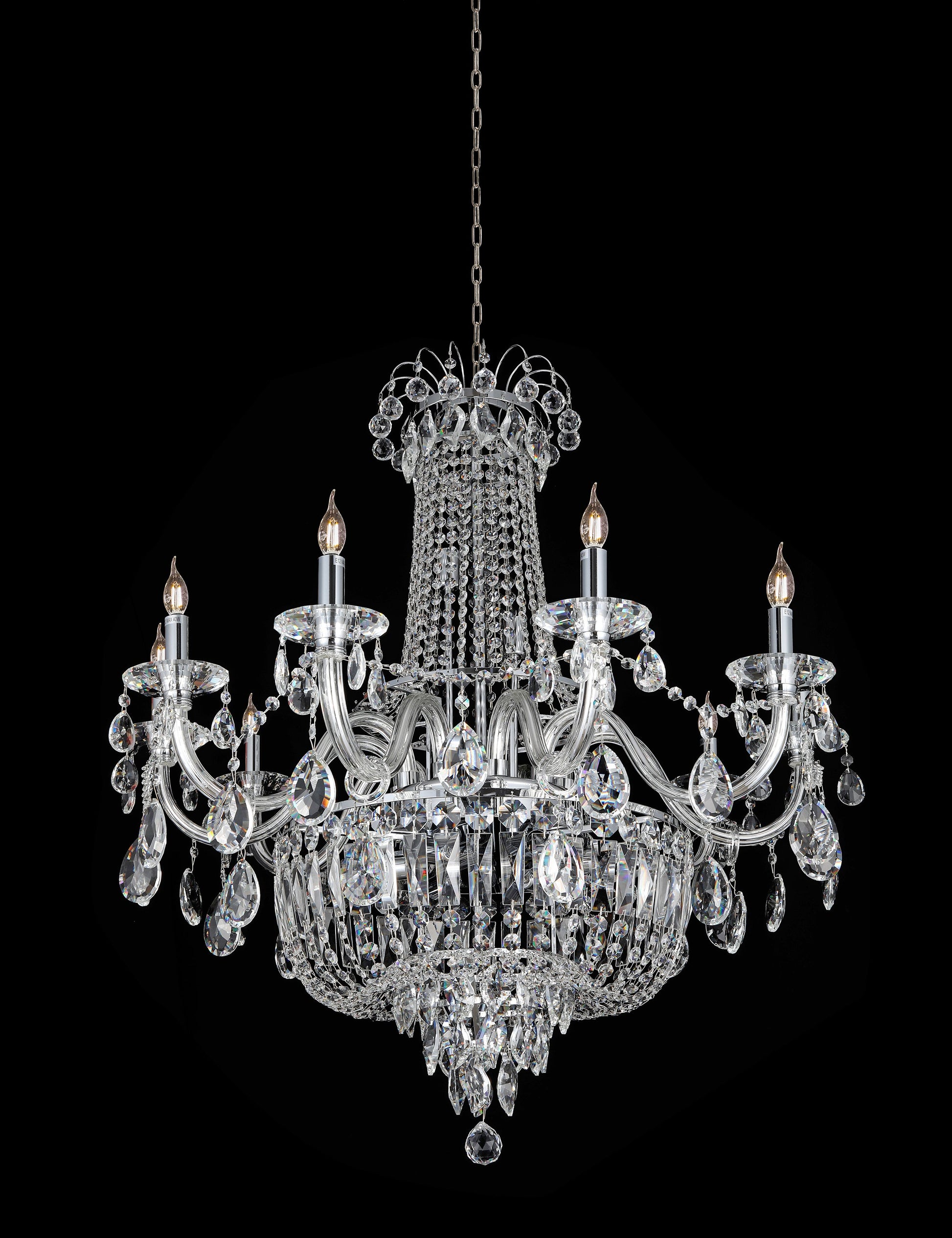 A luxurious chrome pendant vintage crystal chandelier with a 20-light dimmable feature, designed for an elegant interior setting.
