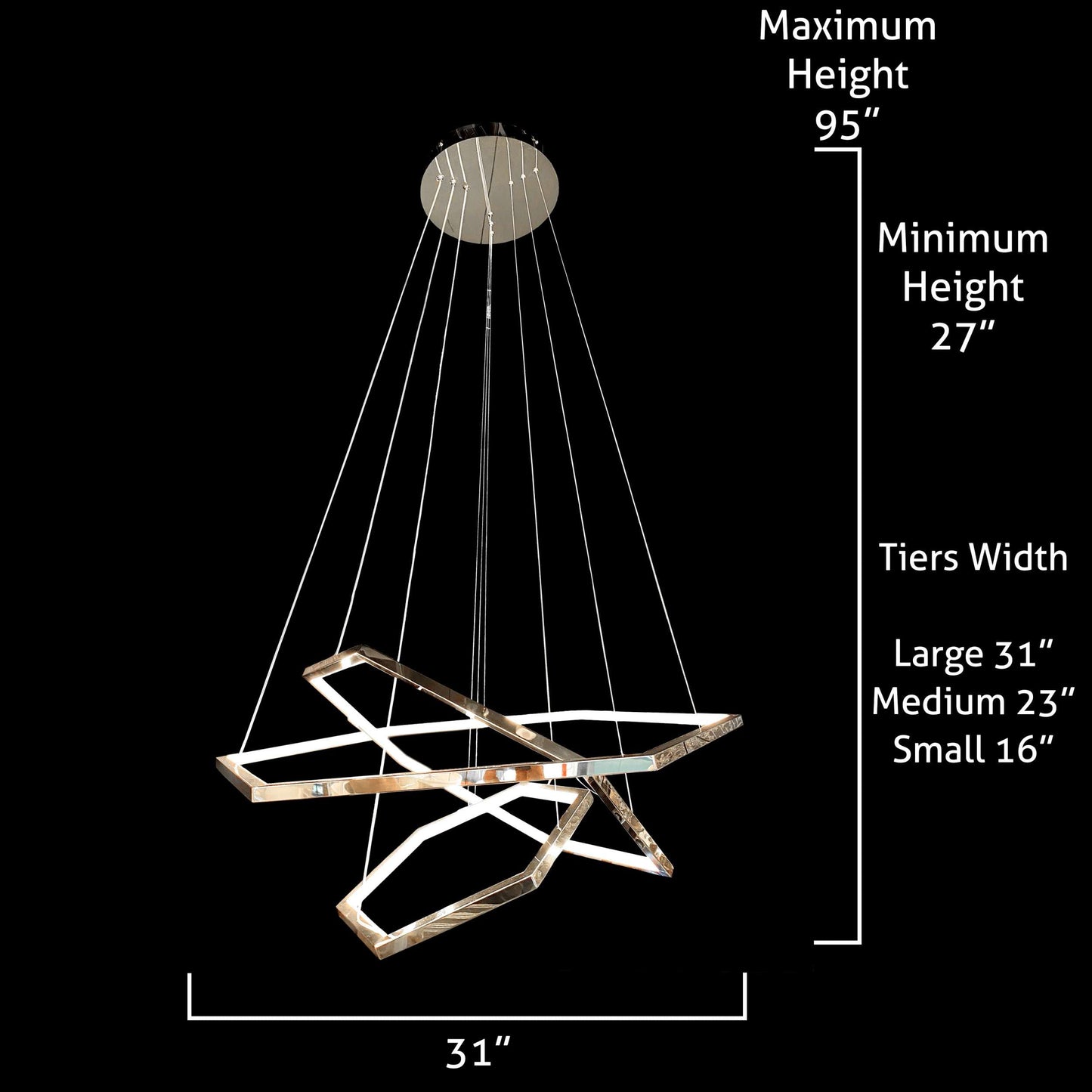 Dimension diagram of 31" chrome geometric LED chandelier