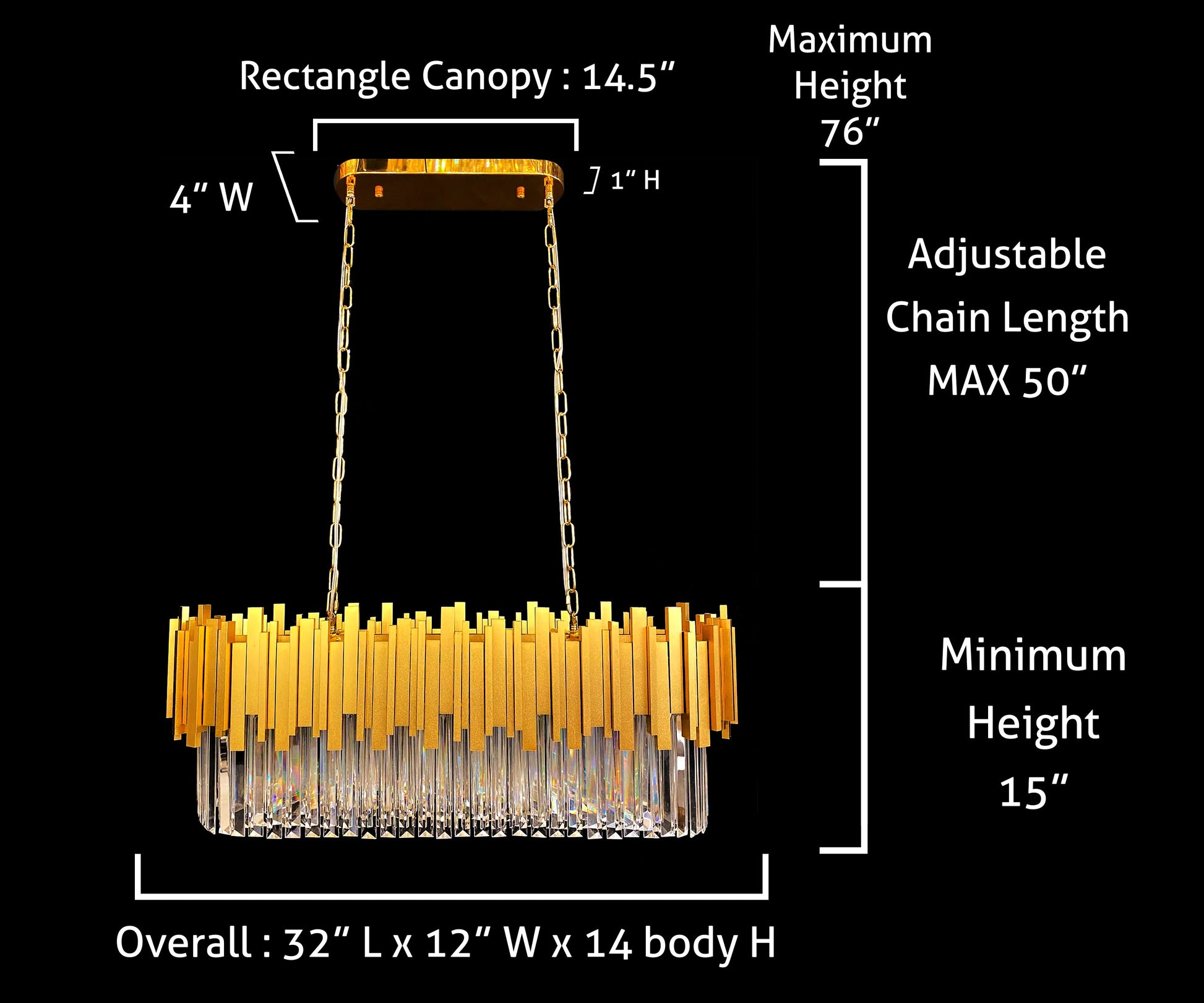 Technical dimensions diagram of the modern gold linear chandelier
32"