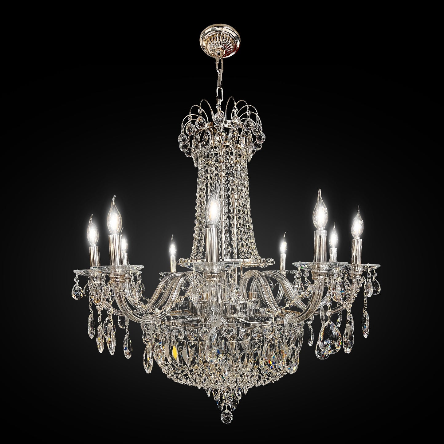 35 inch Luxury chrome empire crystal chandelier with cascading precision-cut crystals and grand architectural design.