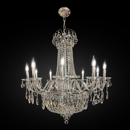 35 inch Luxury chrome empire crystal chandelier with cascading precision-cut crystals and grand architectural design.