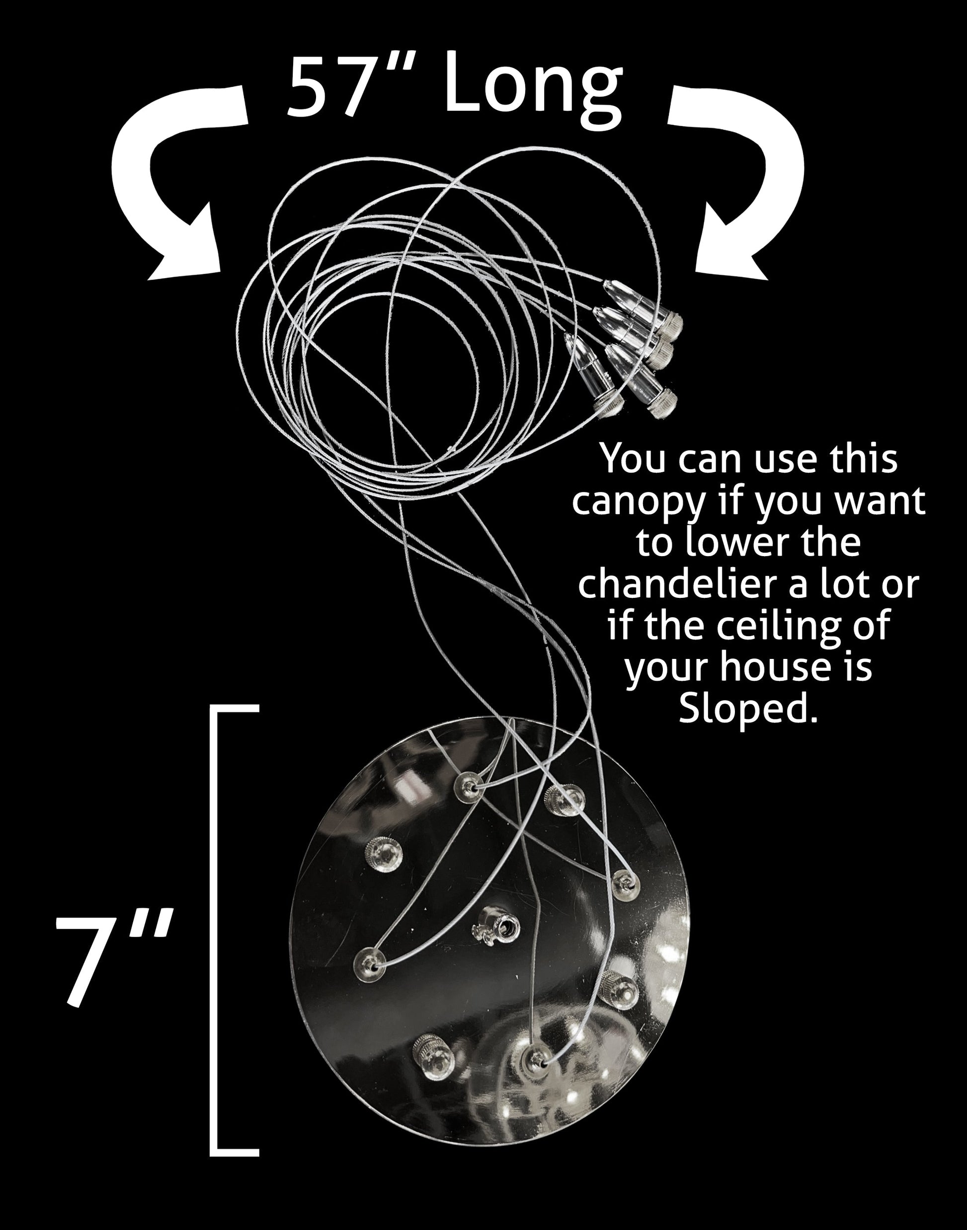 Chrome ceiling canopy with adjustable suspension cables for the dimmable LED chandelier with wave design.