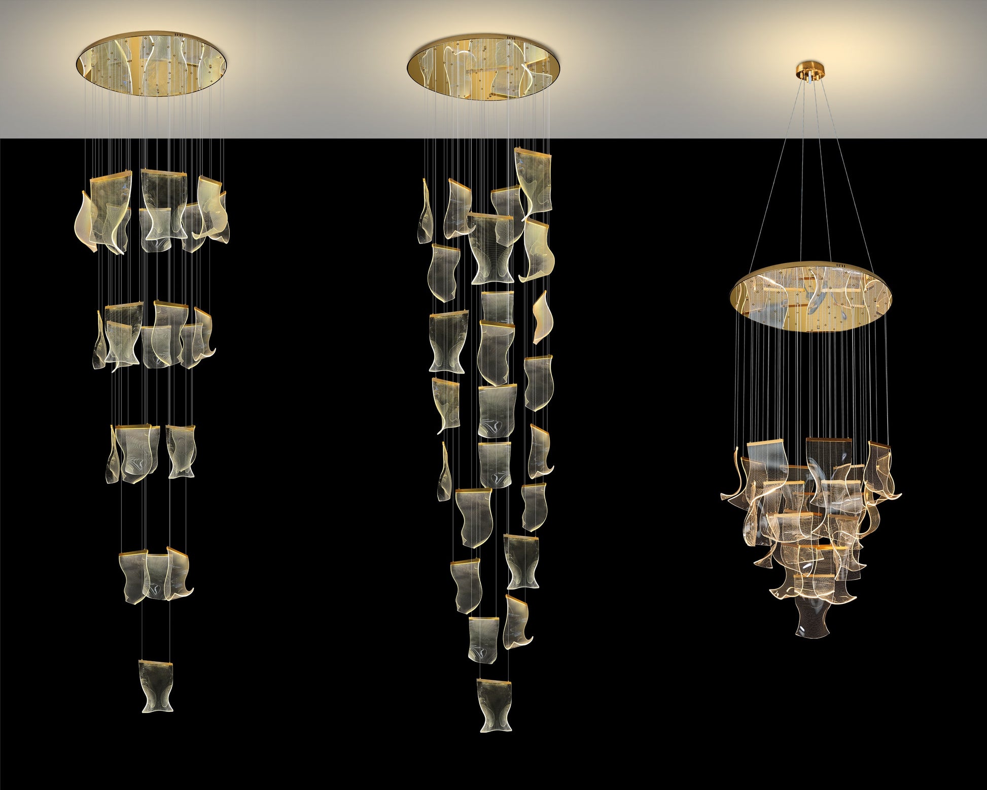  Comparison of dimmable LED wave chandeliers in three adjustable heights, showcasing cascading acrylic wave design.