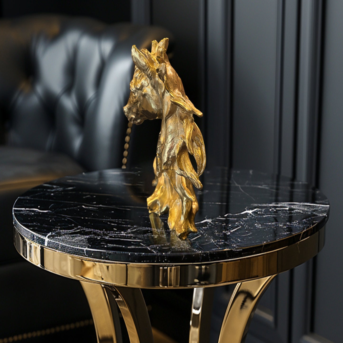 Side view of a handcrafted Italian solid brass horse head showing intricate artistic detail