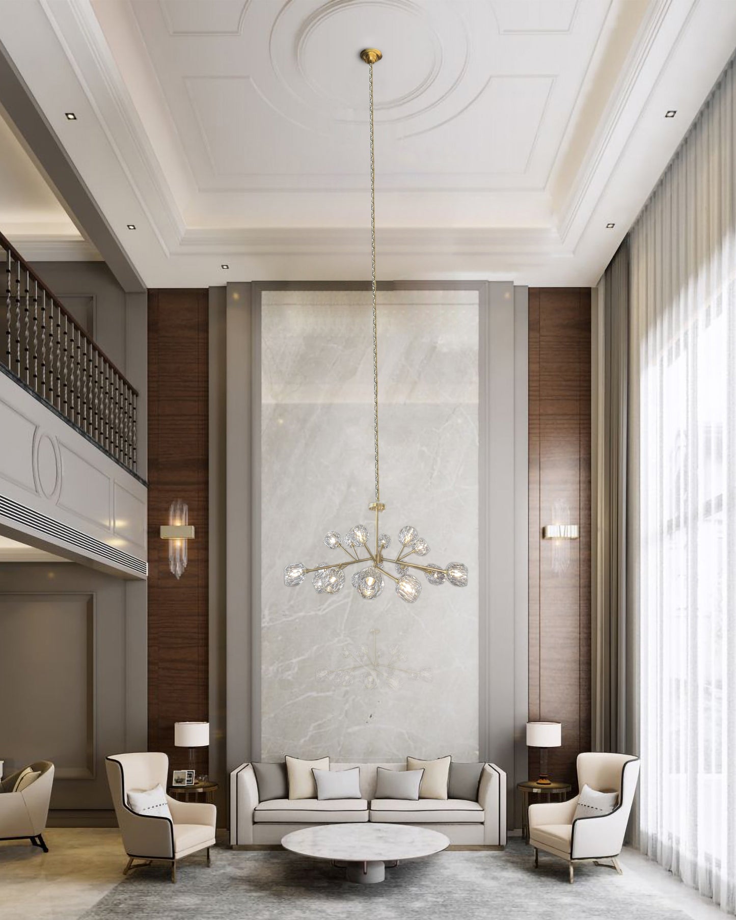 Brass crystal chandelier in luxury living room interior