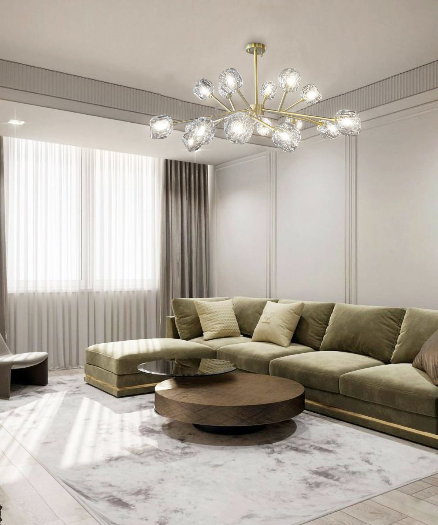 Brass crystal chandelier lighting a contemporary room in low ceiling 