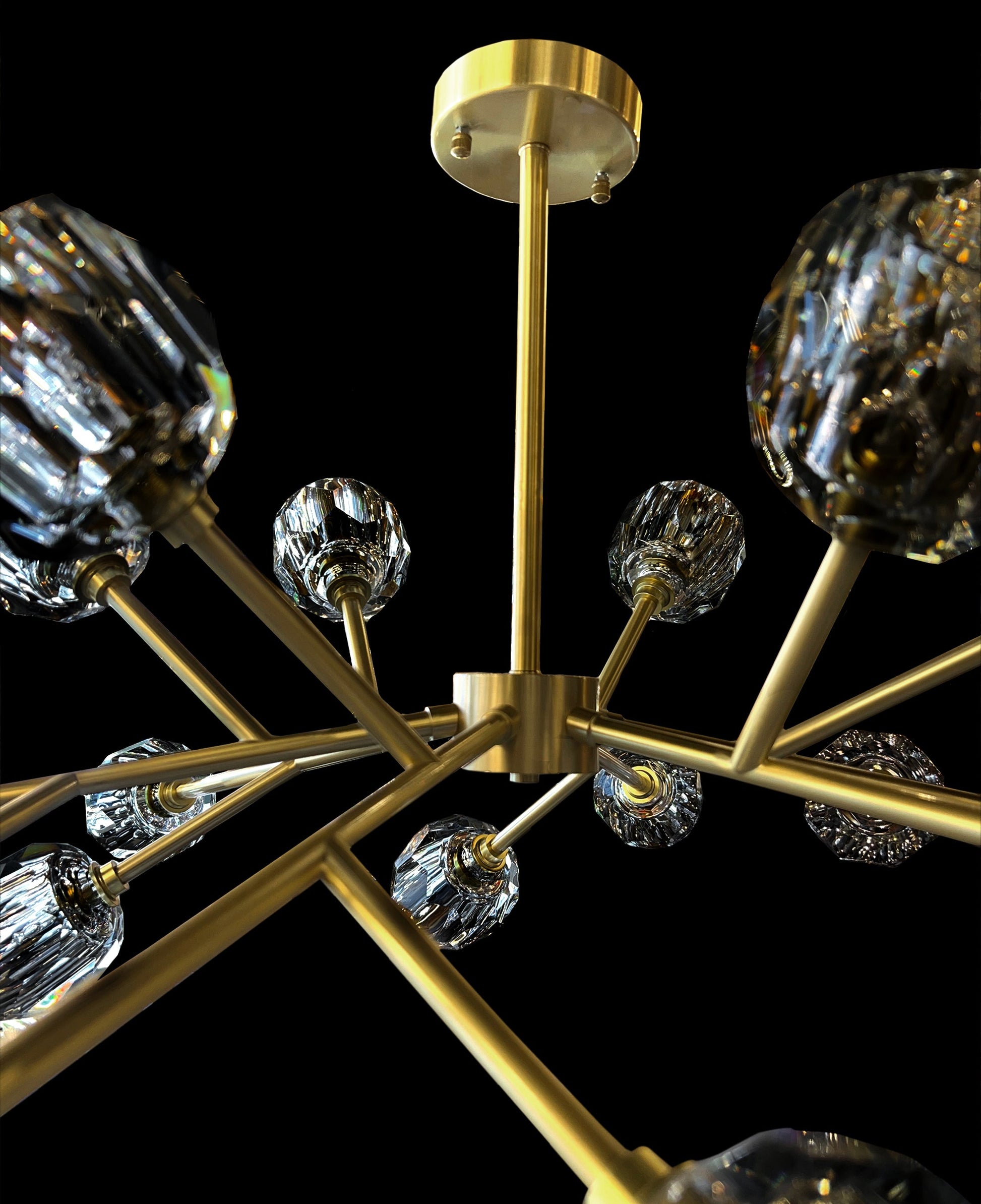 side view of brass sputnik chandelier with K9 crystal globes