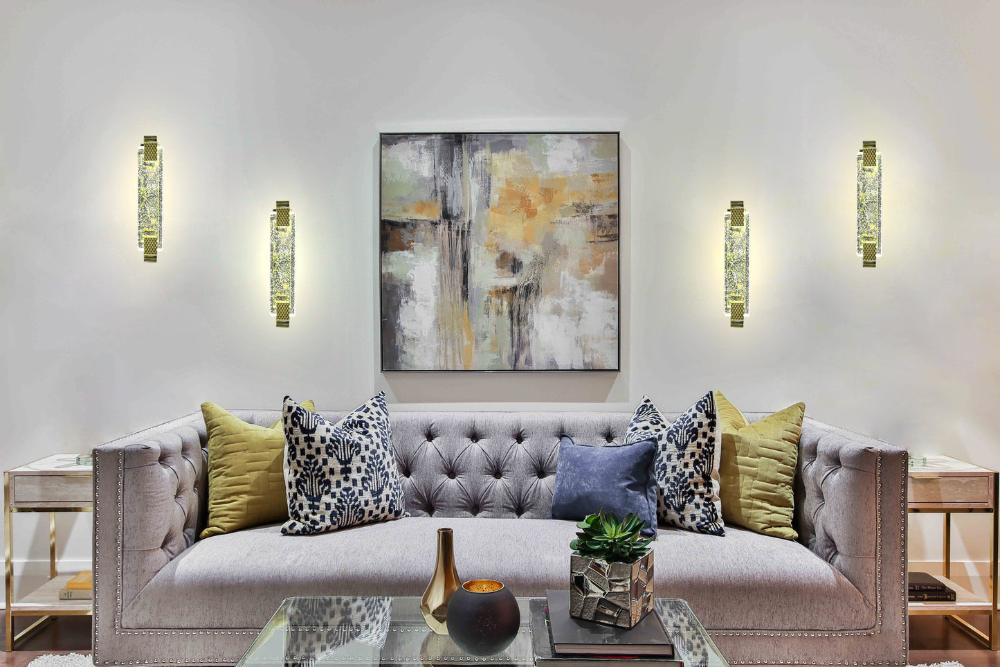 Pair of bubble glass LED wall sconces in living room