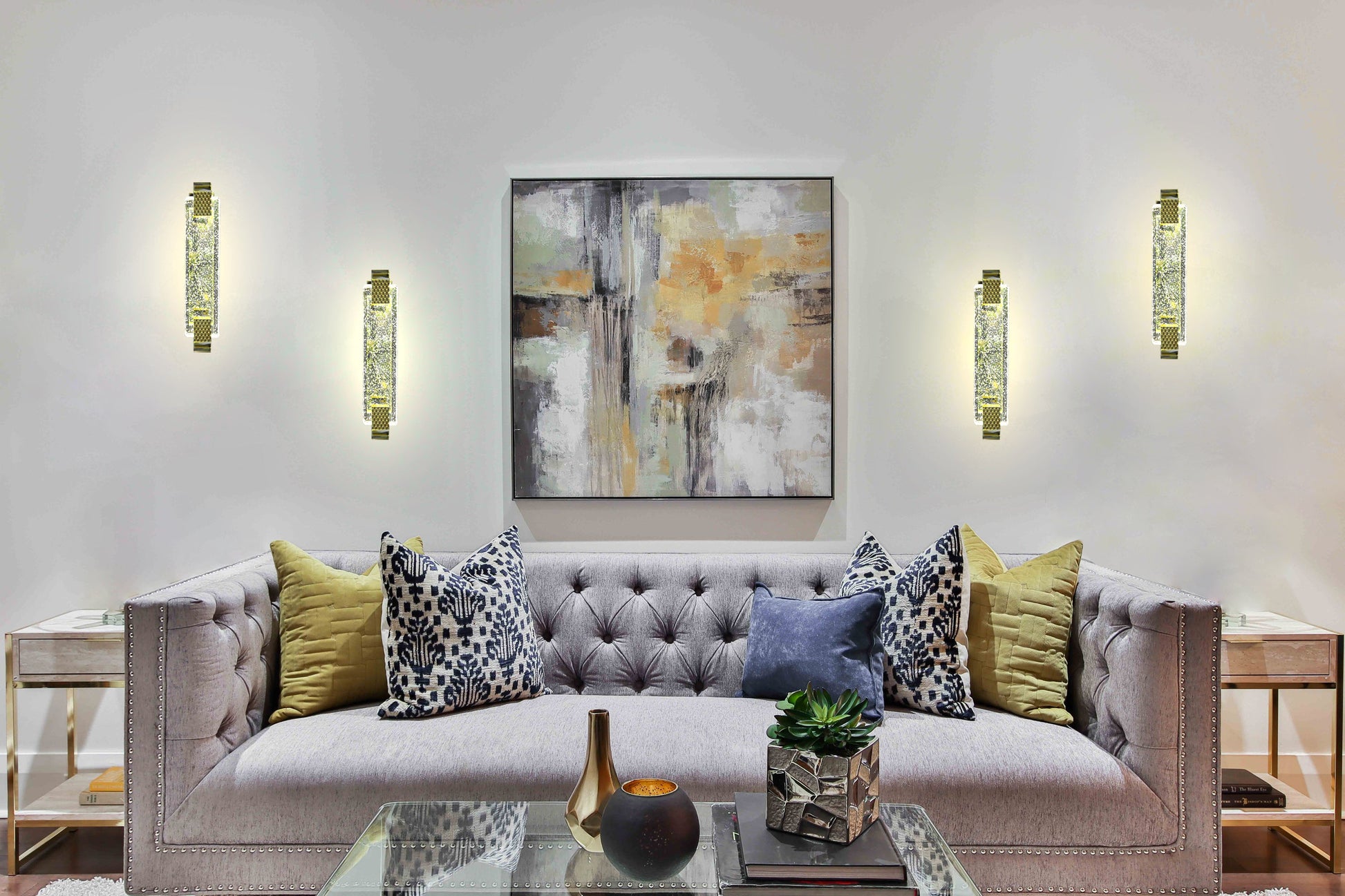 Pair of bubble glass LED wall sconces in living room