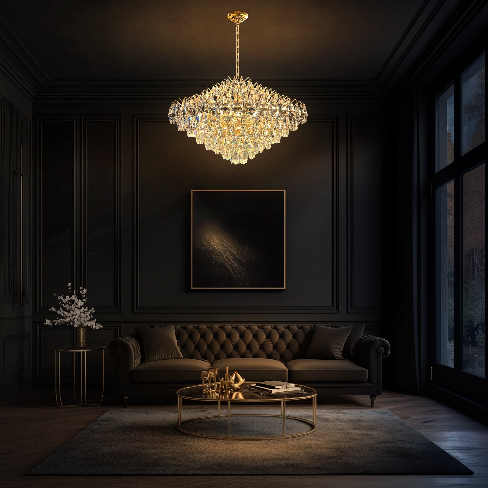 31 in champagne gold crystal chandelier with teardrop crystals hanging in a living room .