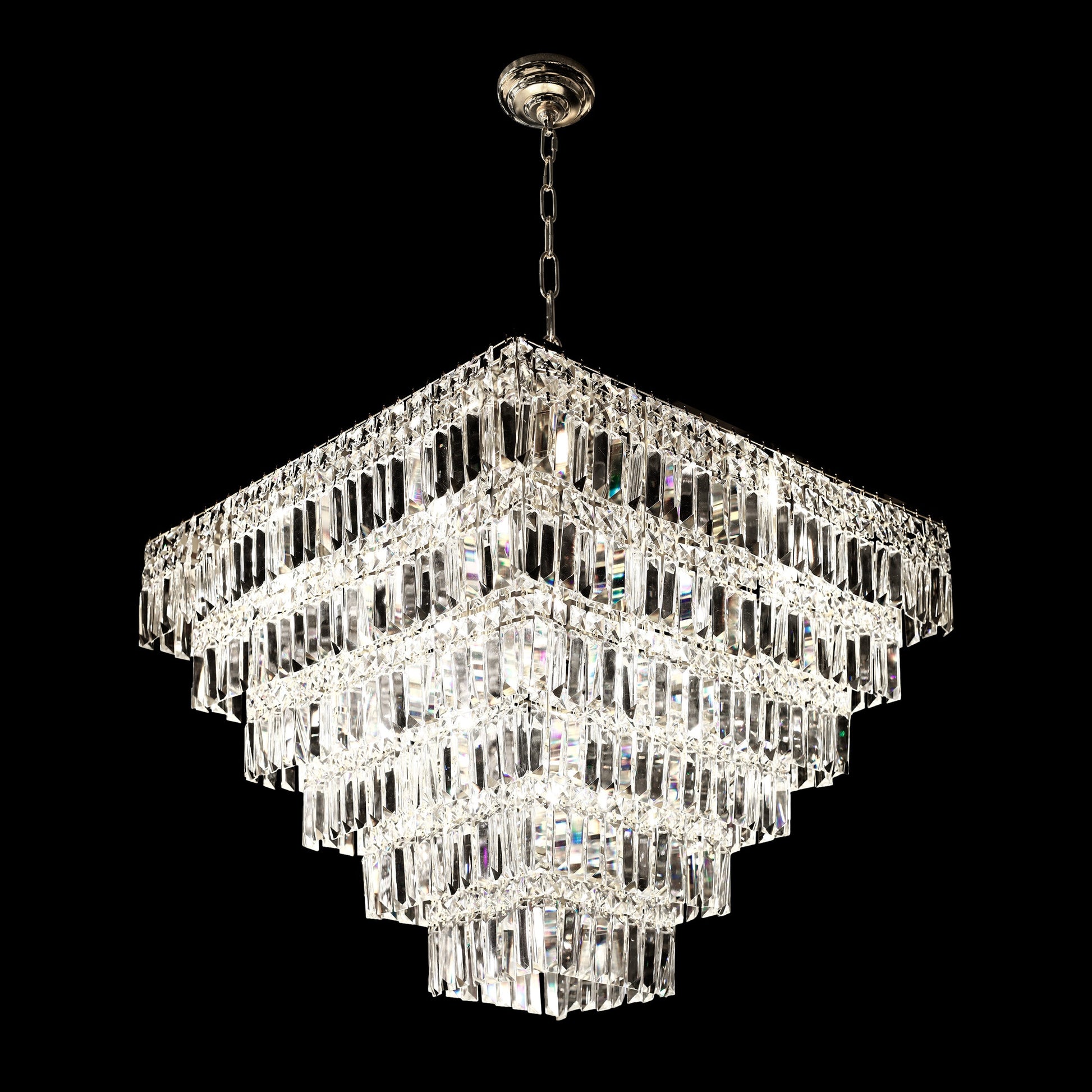 A luxurious 6-tier chrome crystal chandelier with a polished chrome finish and sparkling clear crystals, suitable for elegant lighting in living rooms or formal areas.