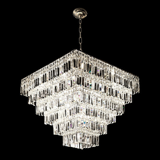 A luxurious 6-tier chrome crystal chandelier with a polished chrome finish and sparkling clear crystals, suitable for elegant lighting in living rooms or formal areas.