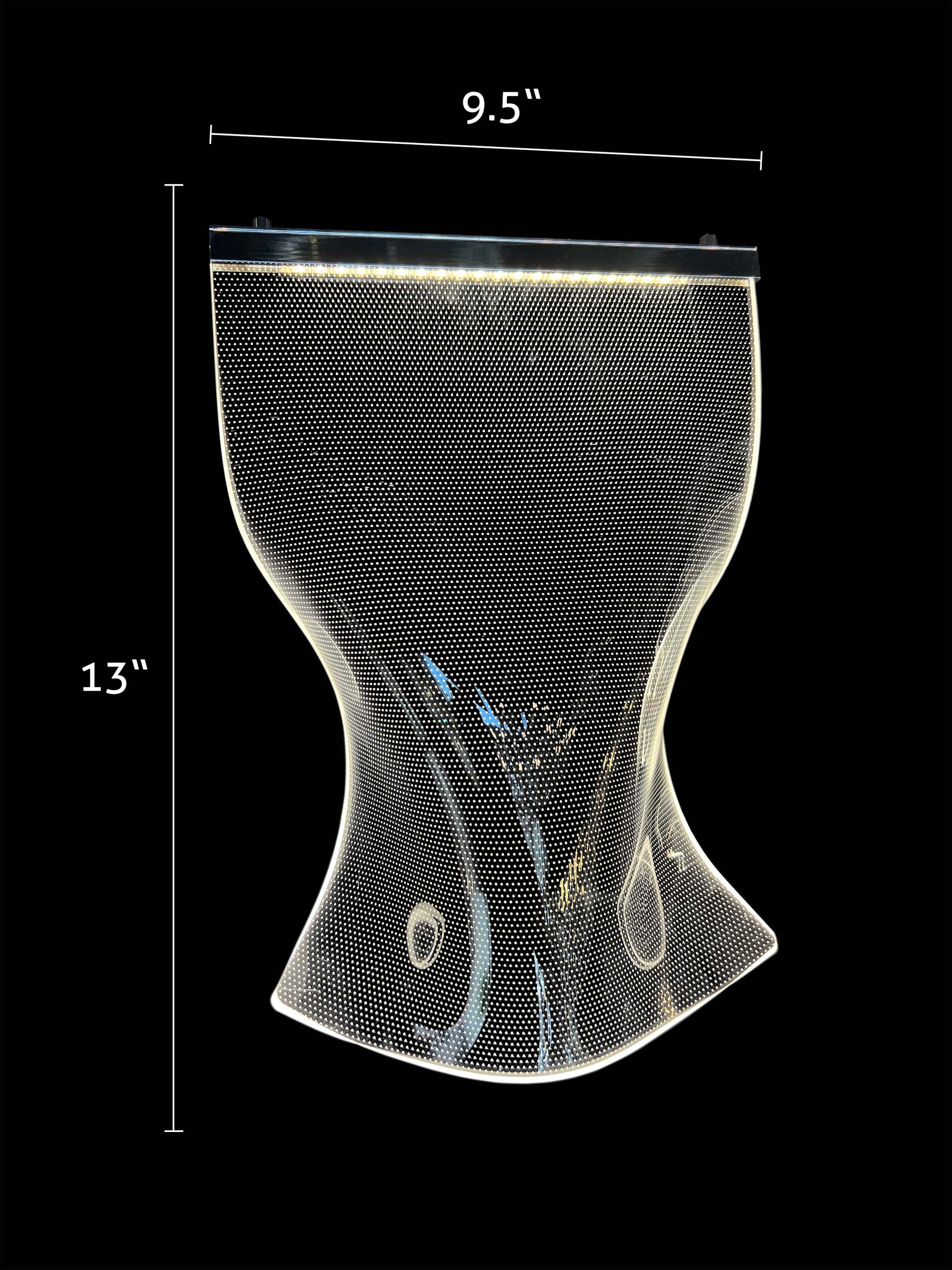 Chrome accented acrylic wave panel measuring 9.5 by 13 inches, part of the adjustable dimmable LED chandelier design.