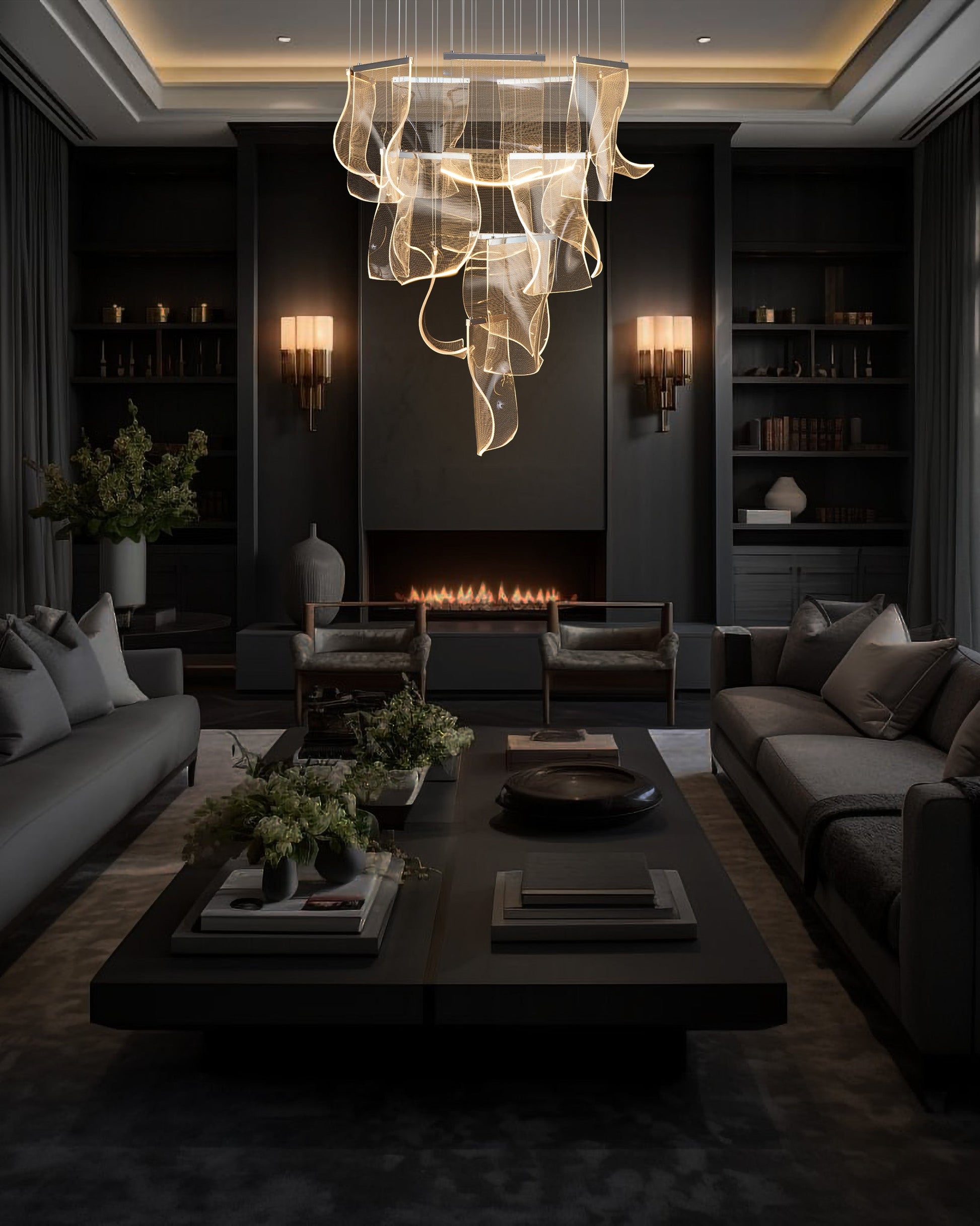 Chrome LED chandelier creating a warm ambiance in a luxury modern home interior.