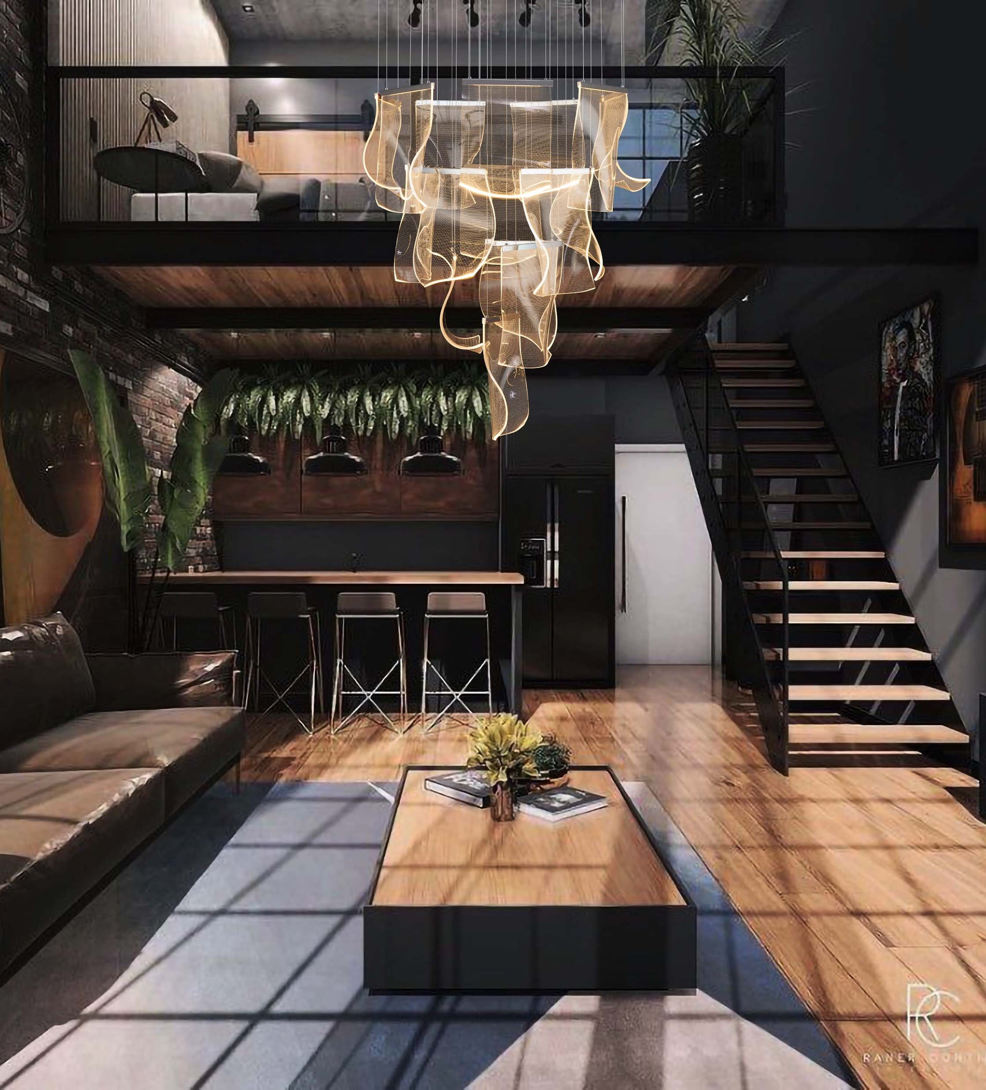 Chrome LED Wave Chandelier Above Staircase