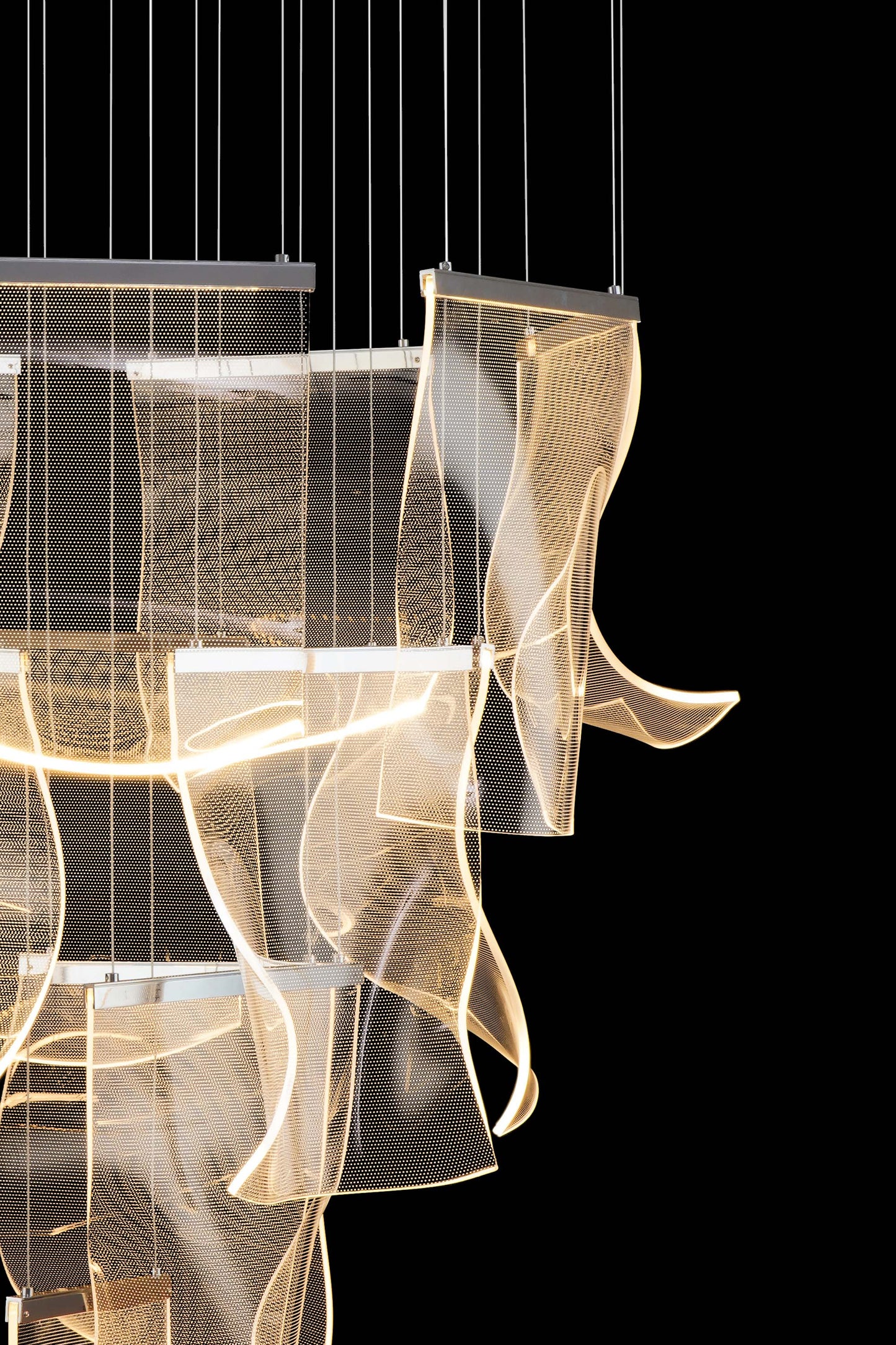 Chrome LED wave chandelier featuring adjustable hanging height and dimmable LED lighting for refined interiors.
