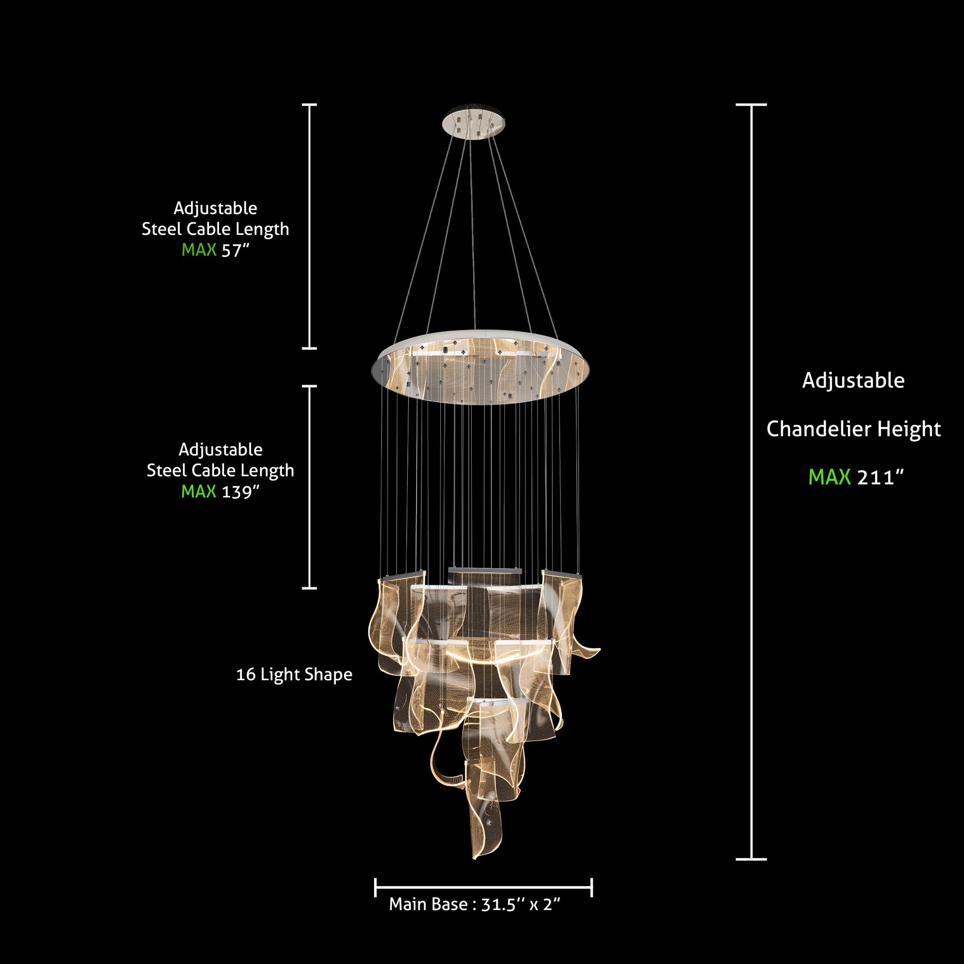 Technical diagram of chrome LED wave chandelier showing adjustable height, cable length, and panel dimensions