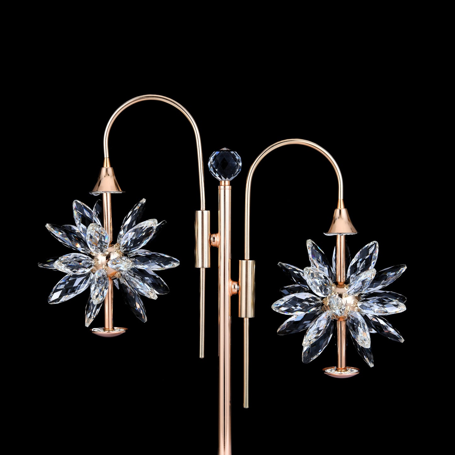 Crystal starburst lighting head detail on gold LED floor lamp
