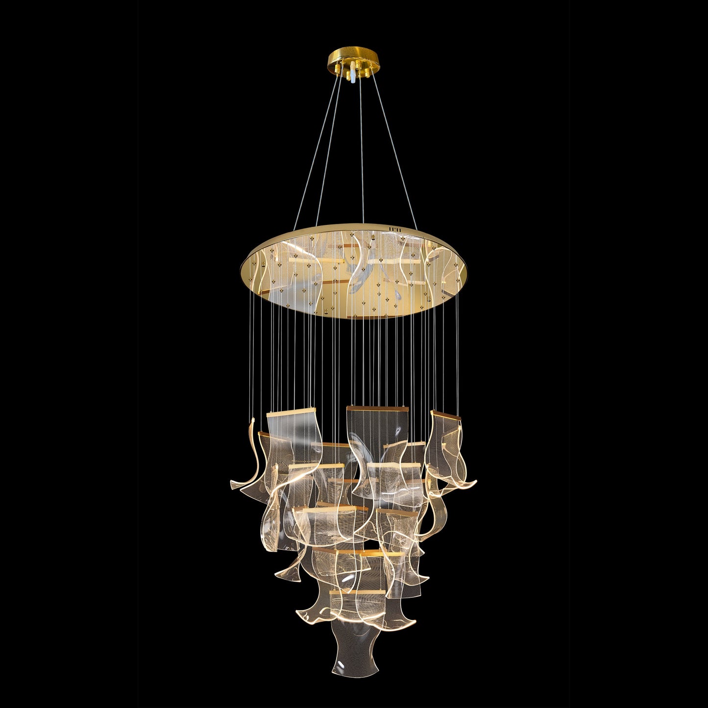 Front view of dimmable and adjustable LED wave panel chandelier featuring cascading acrylic panels and a modern gold  finish.