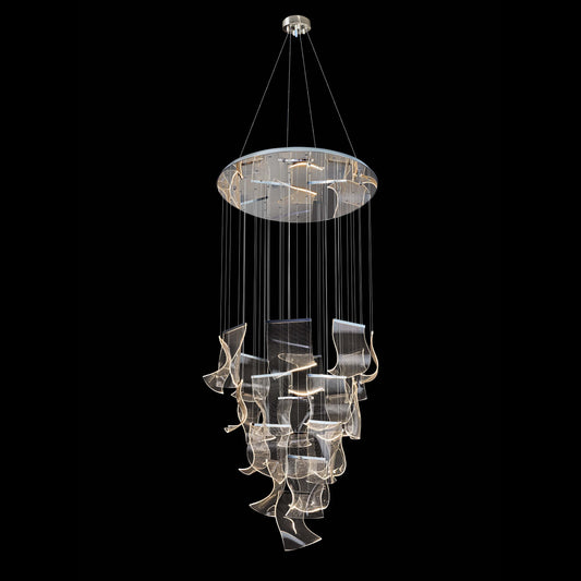 Front view of dimmable and adjustable LED wave panel chandelier featuring cascading acrylic panels and a modern chrome finish.
