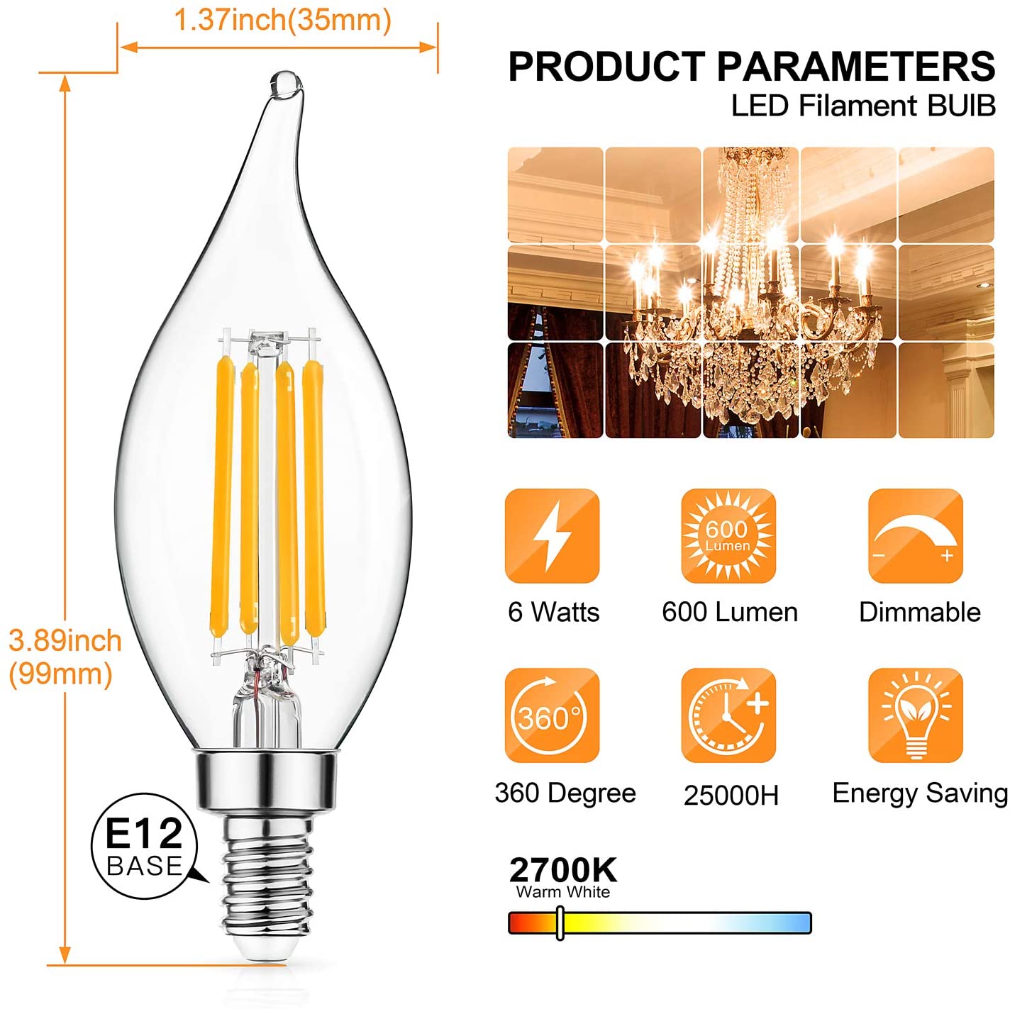 E12 LED candelabra bulb clear glass filament