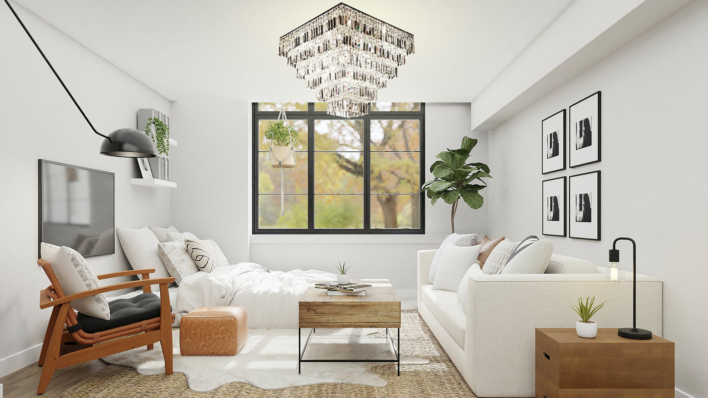 Flush mount Chrome crystal chandelier illuminating modern white living room interior