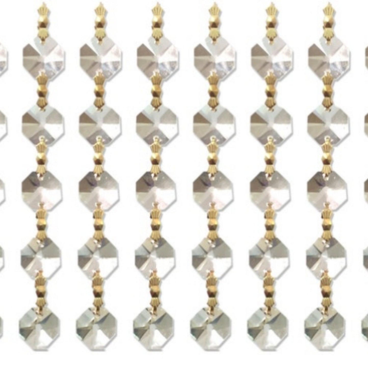 Hanging strands of octagon-shaped clear crystals connected by golden brass clips.
