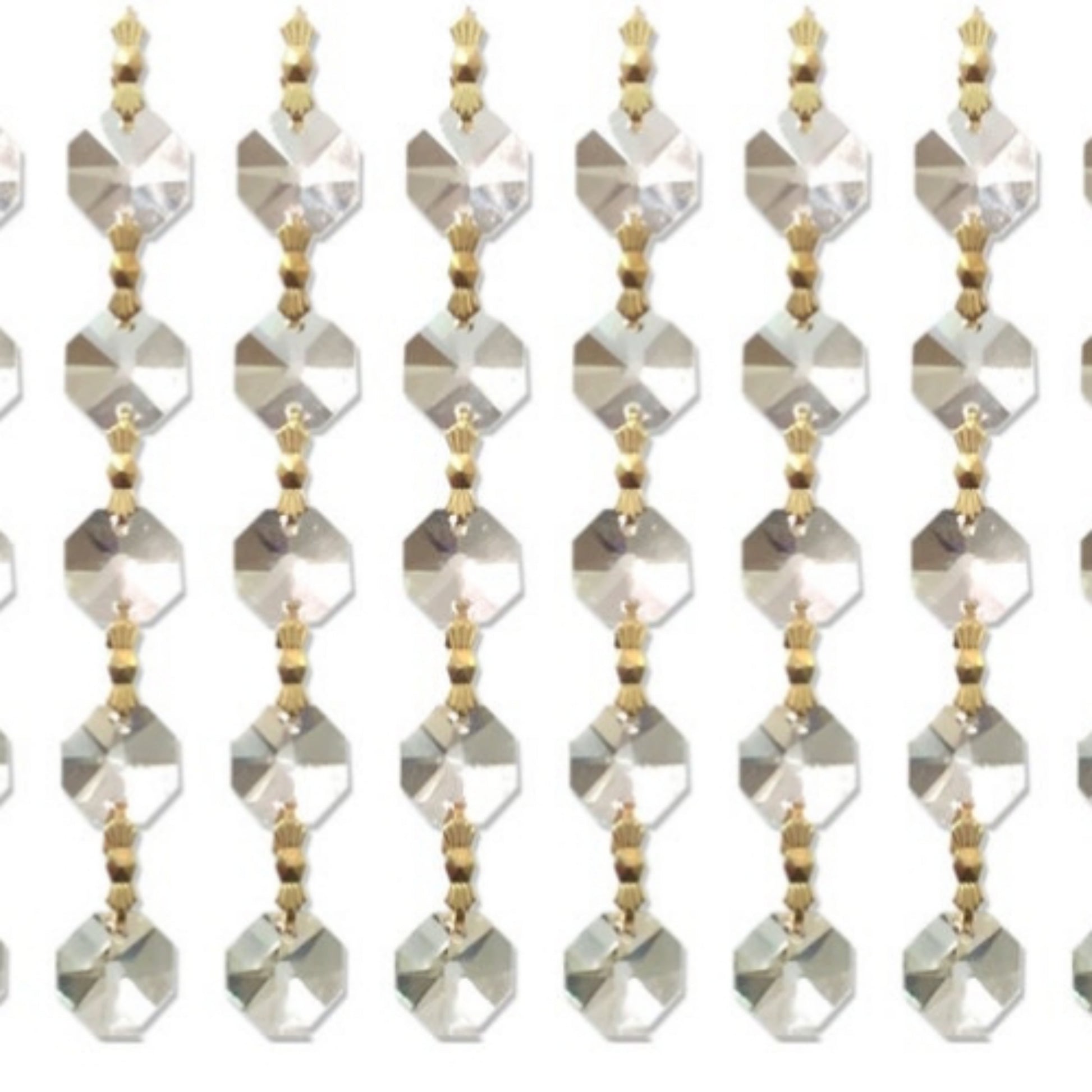 Hanging strands of octagon-shaped clear crystals connected by golden brass clips.
