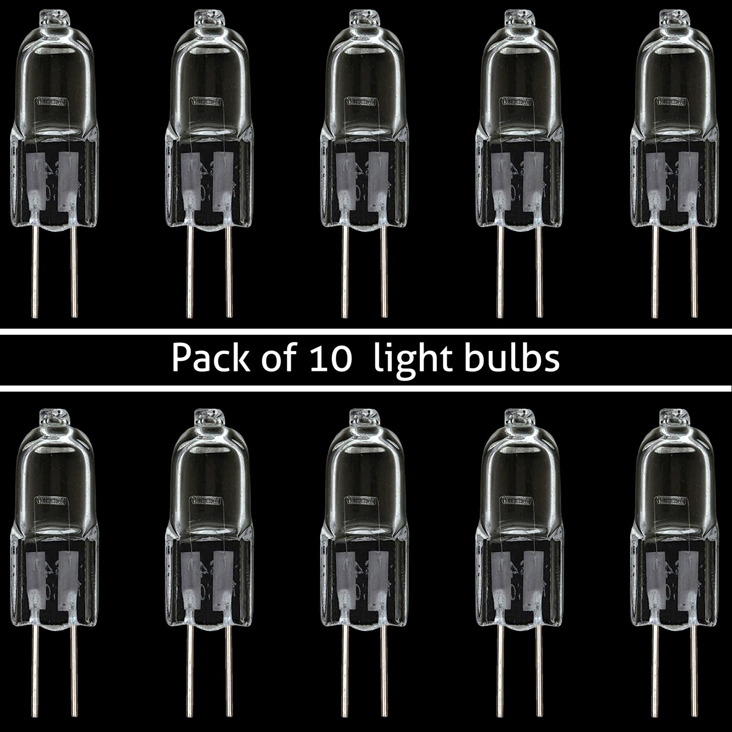 A pack of 10 clear G4 halogen light bulbs with a bi-pin base, labeled as 20W, 110V, dimmable, and 2700K warm white.