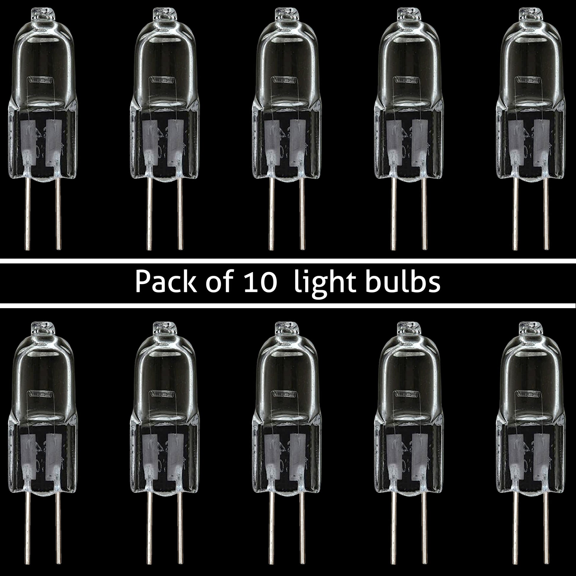 A pack of 10 clear G4 halogen light bulbs with a bi-pin base, labeled as 20W, 110V, dimmable, and 2700K warm white.