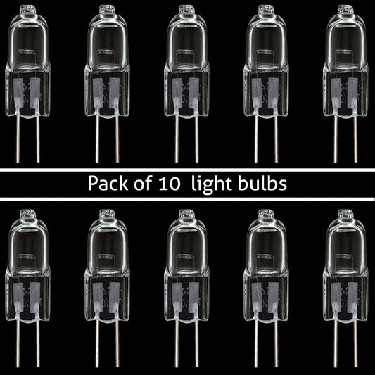 A pack of 10 clear G4 halogen light bulbs with a bi-pin base, labeled as 20W, 110V, dimmable, and 2700K warm white.