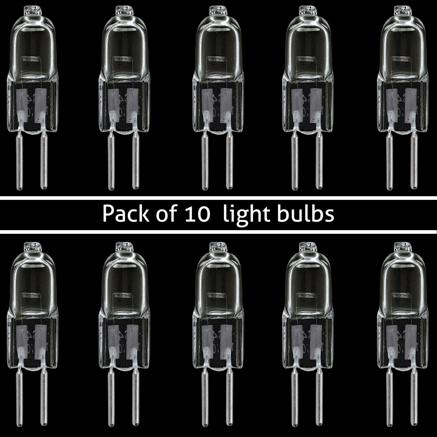 A pack of 10 clear G5.3 halogen light bulbs with a bi-pin base, capable of dimming.