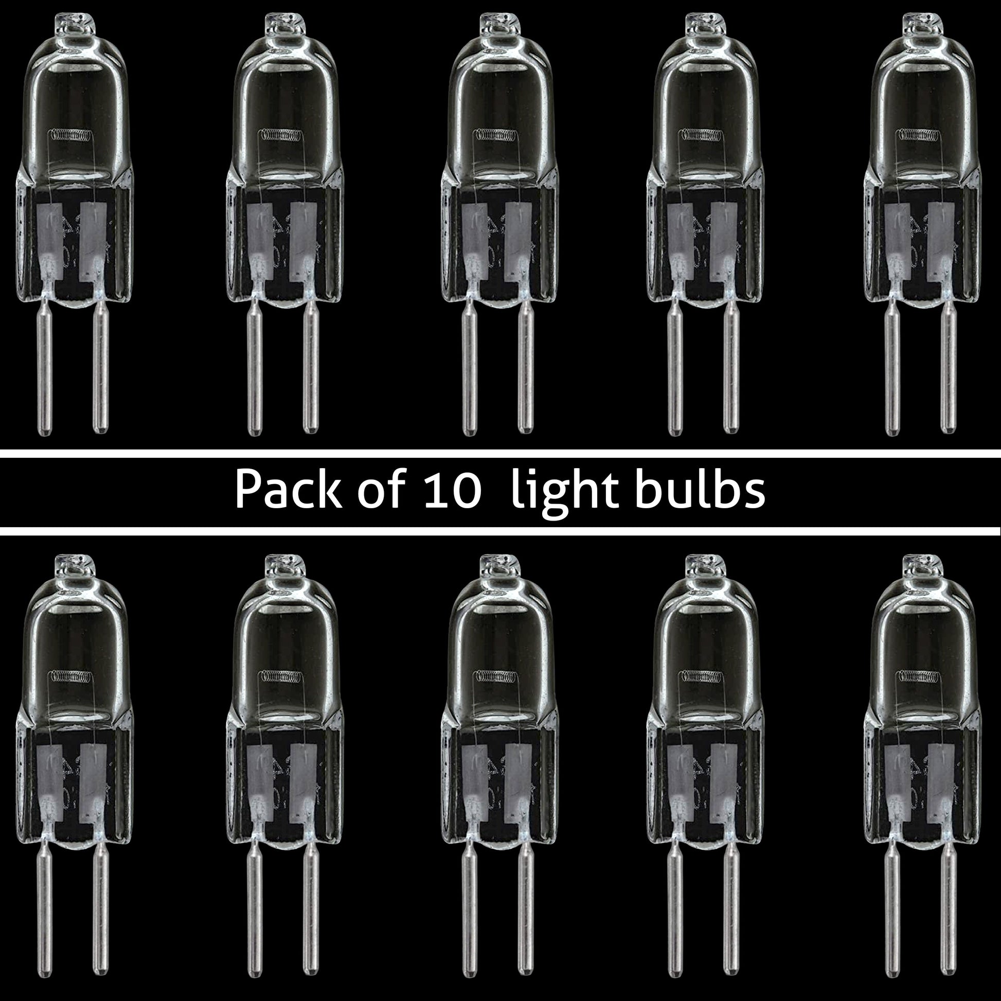 A pack of 10 clear G5.3 halogen light bulbs with a bi-pin base, capable of dimming.