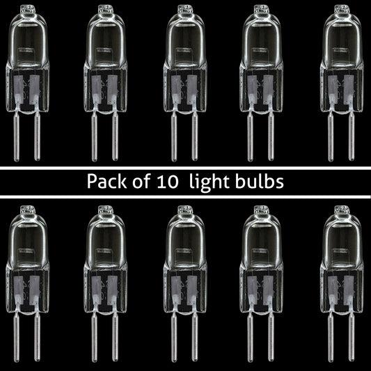 A pack of 10 clear G5.3 halogen light bulbs with a bi-pin base, capable of dimming.