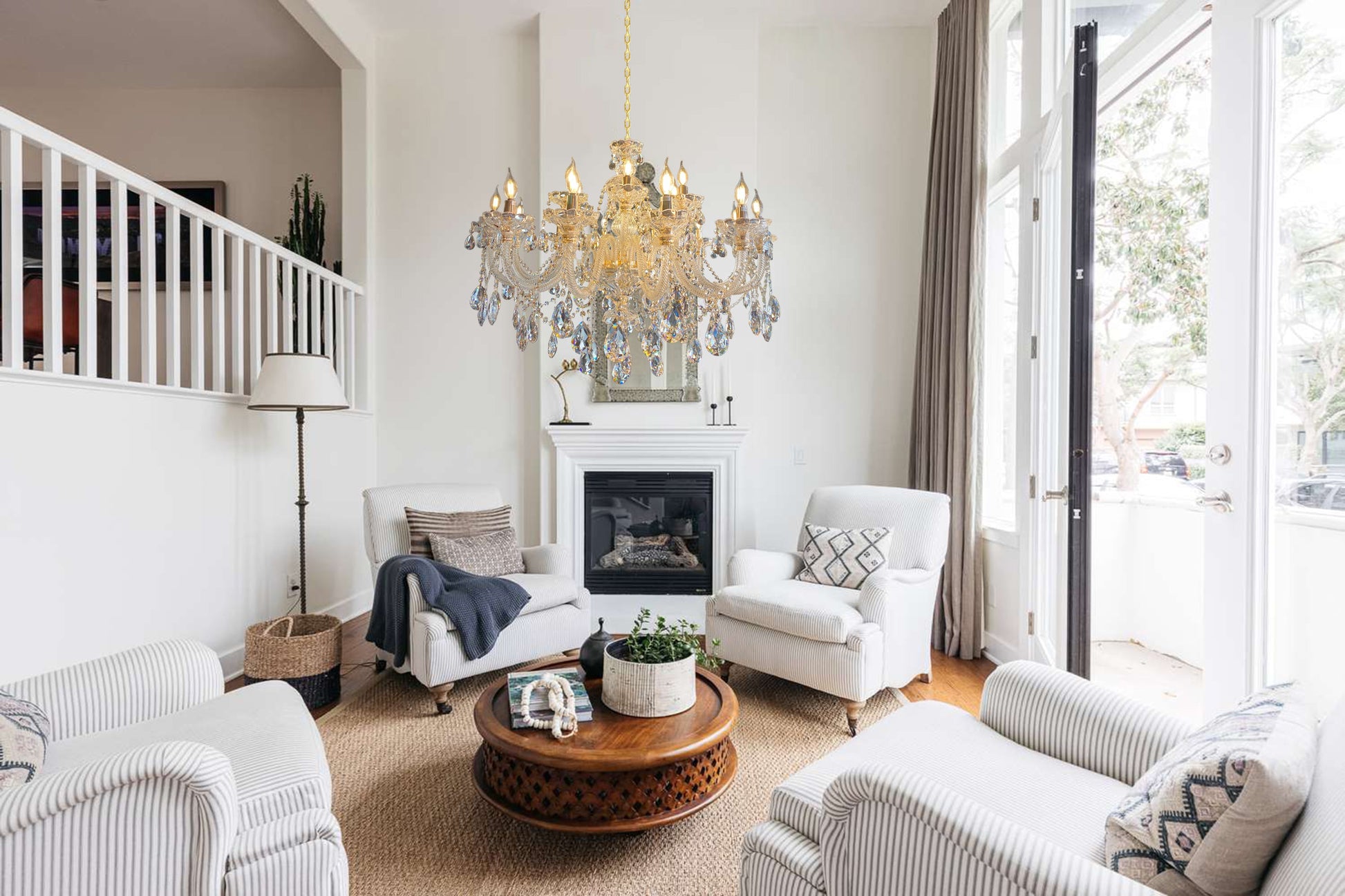 Gold crystal chandelier styled in an elegant living room interior.

